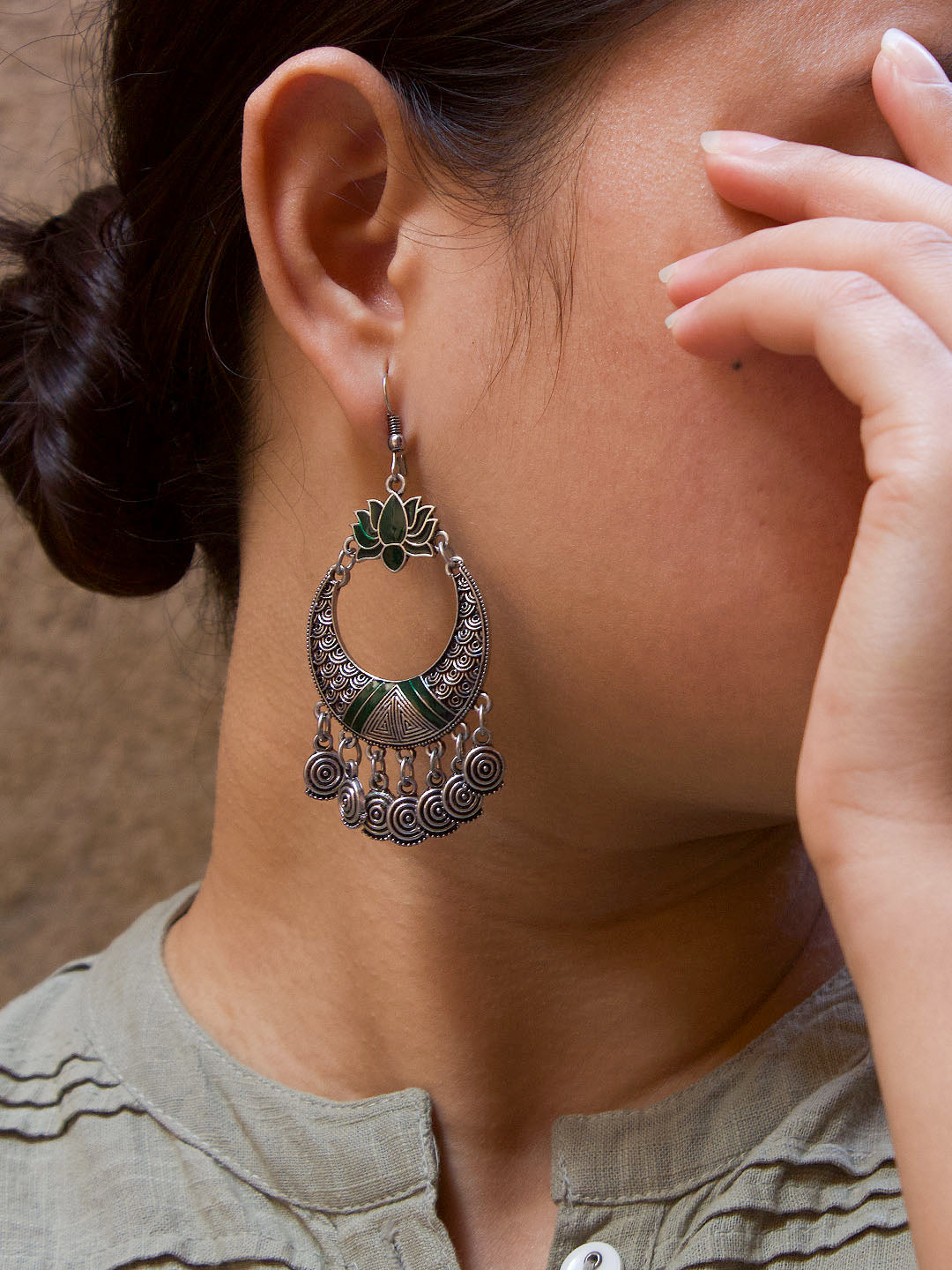 Silver Plated Lotus Design Green Color Enamel Paint Dangler Earring