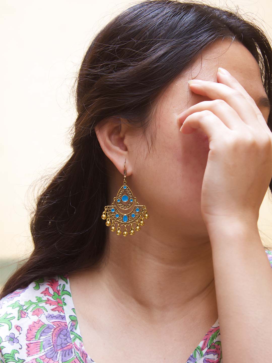 Tear Drop Design Blue Dangler Afghani Earring