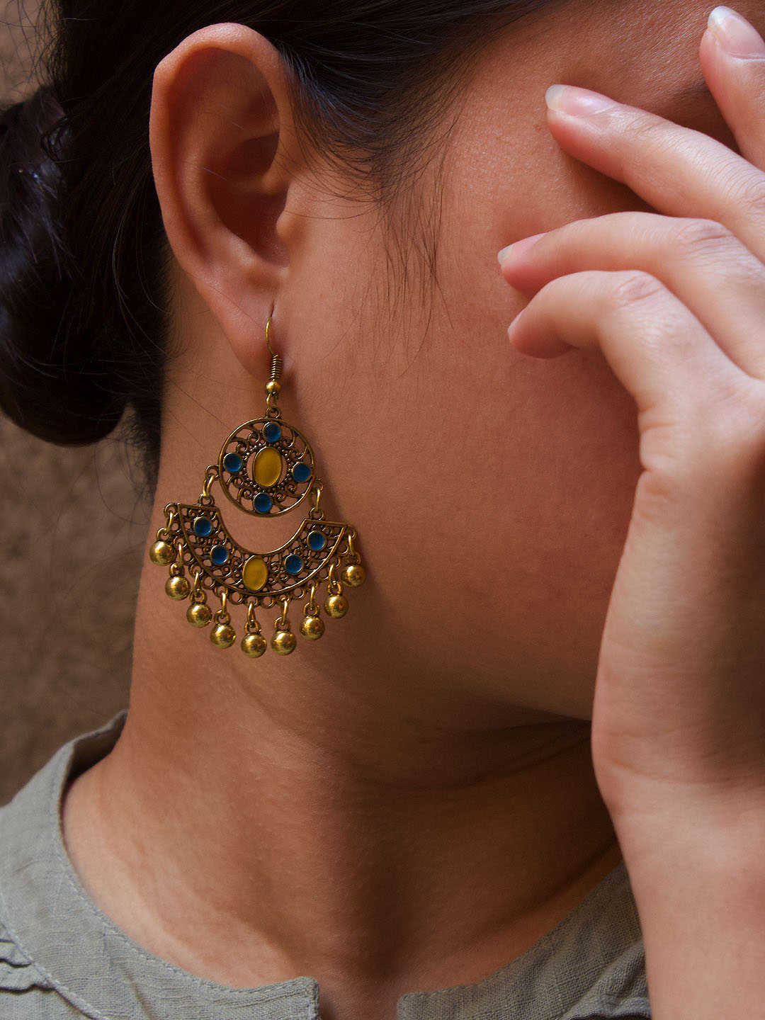 Round Design Blue and Yellow Dangler Afghani Earring