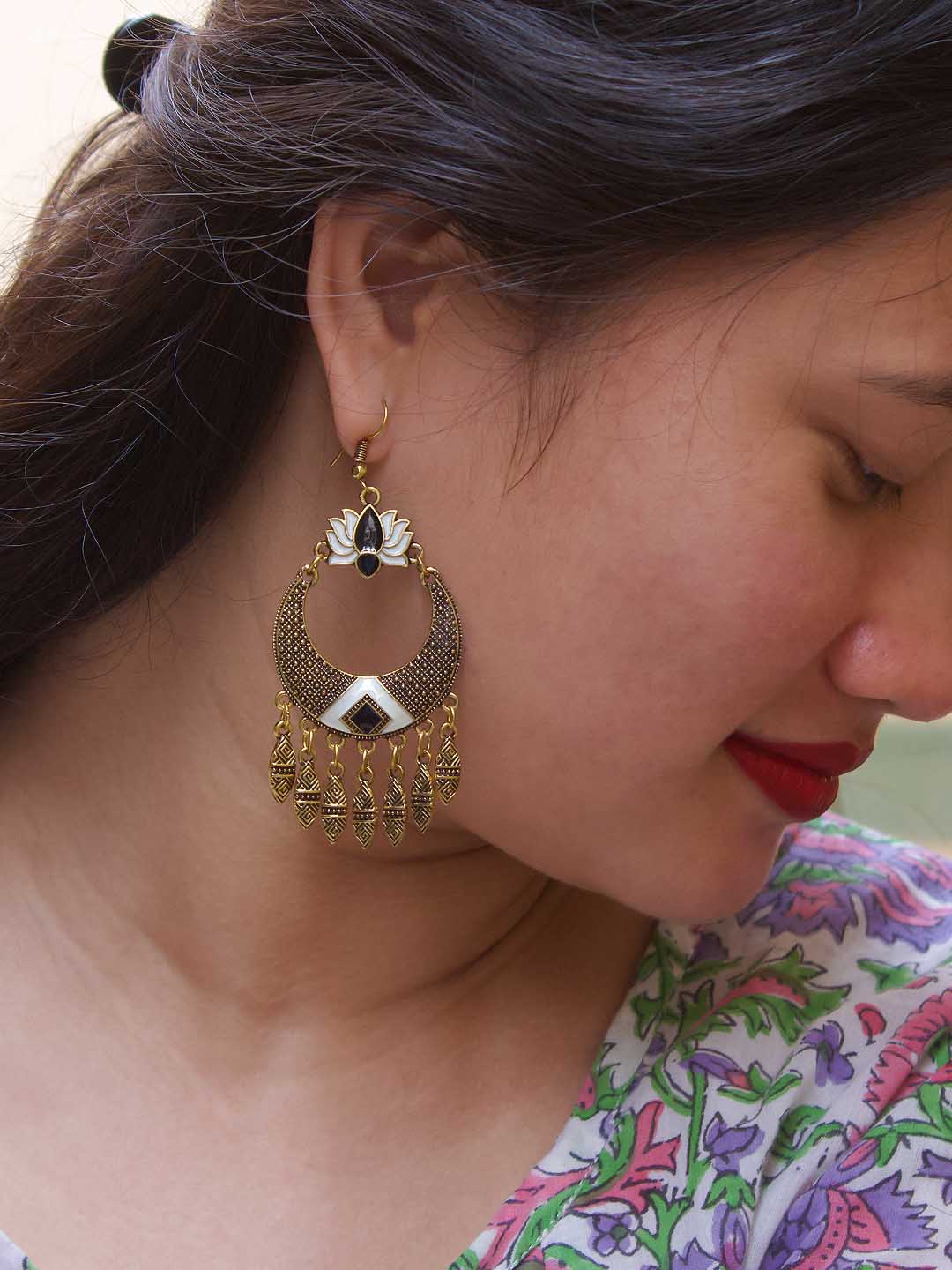 Gold Plated Lotus Design White And Black Enamel Paint Afghani Earring