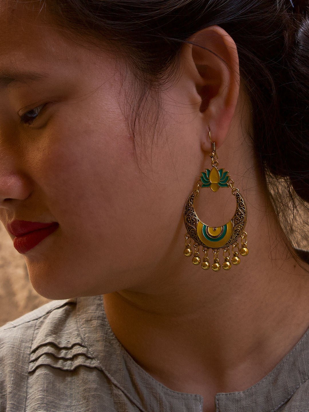Lotus Design Yellow and Green Dangler Afghani Earring