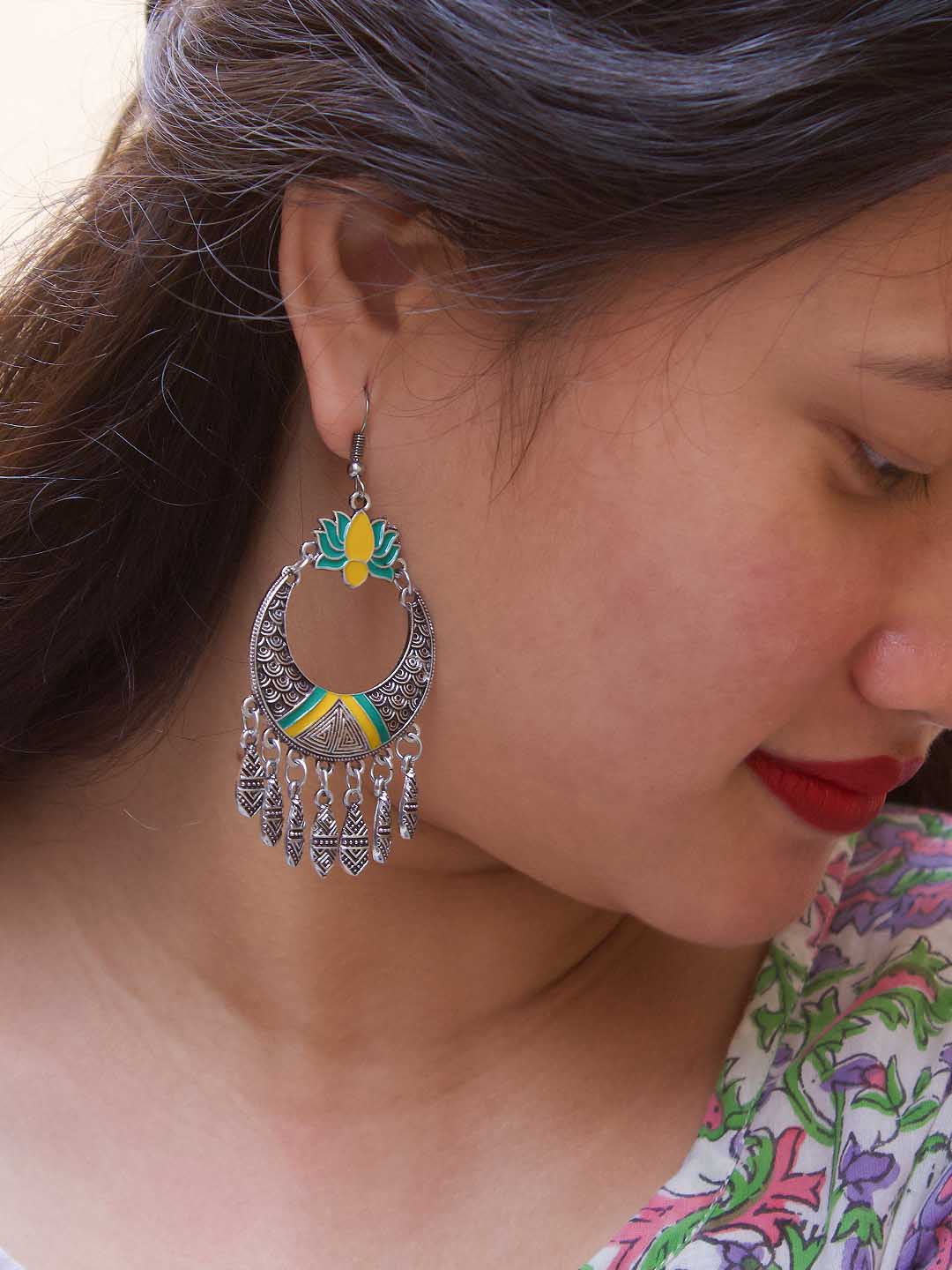 Lotus Design Yellow and Green Dangler Afghani Earring