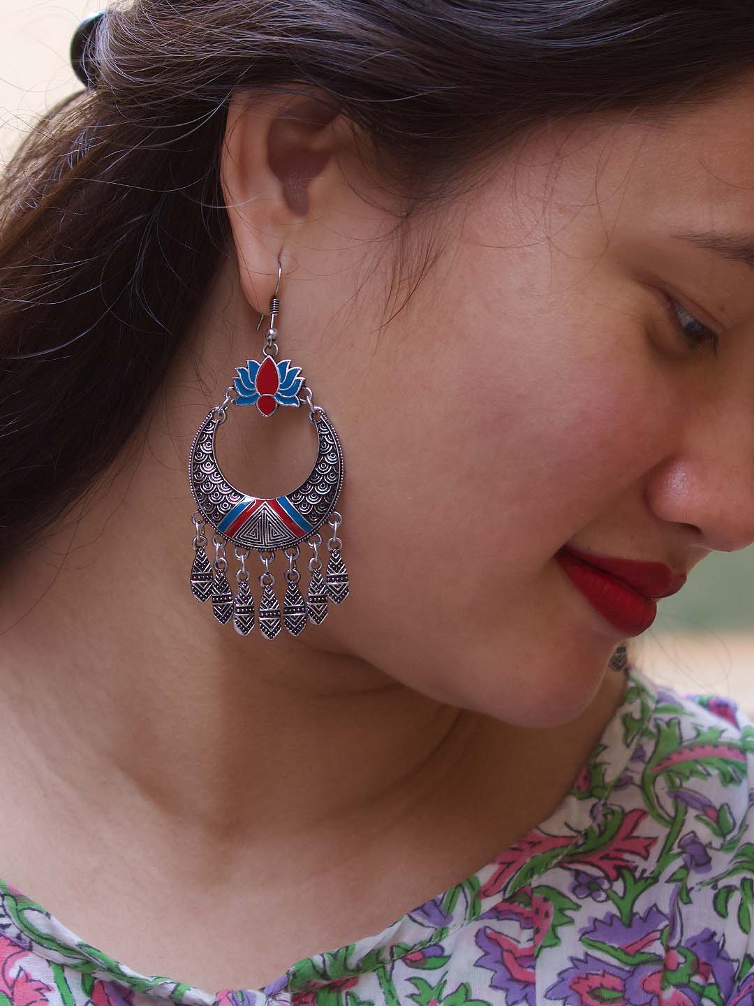 Lotus Design Blue and Red Dangler Afghani Earring