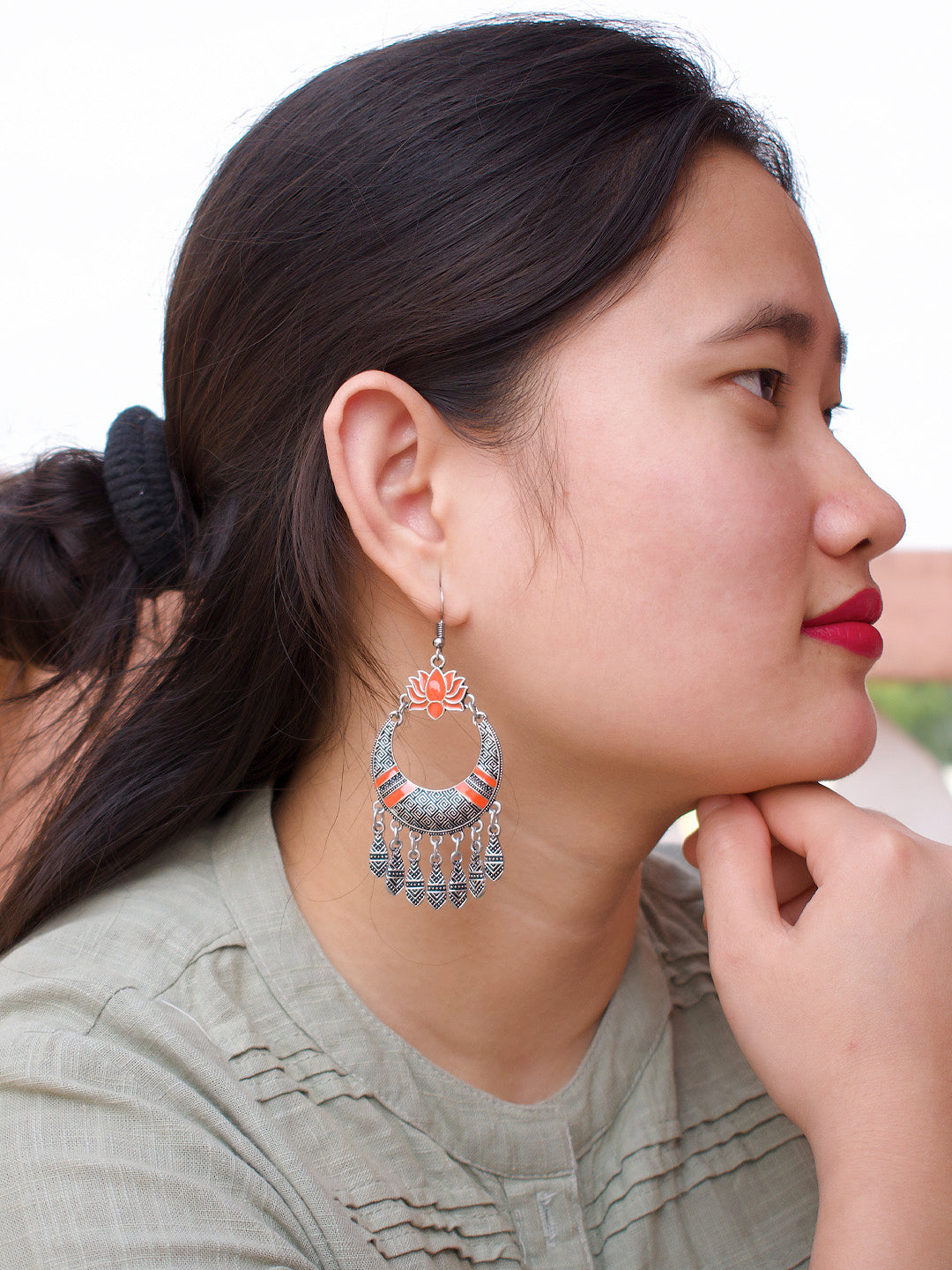 Silver Plated Lotus Design Orange Enamel Paint Afghani Earring
