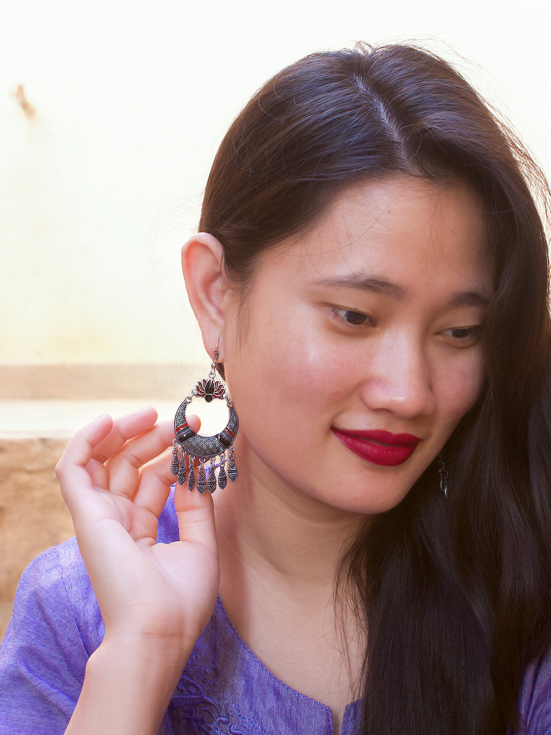 Silver Plated Lotus Design Red And Black Color Hanging Dangle Earring