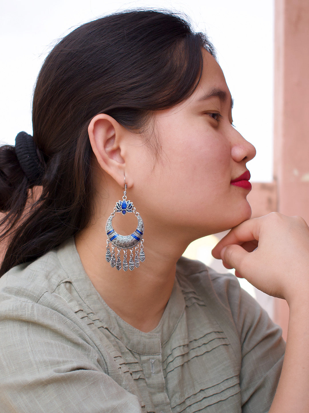 Silver Plated Lotus Design Blue Enamel Paint Afghani Earring