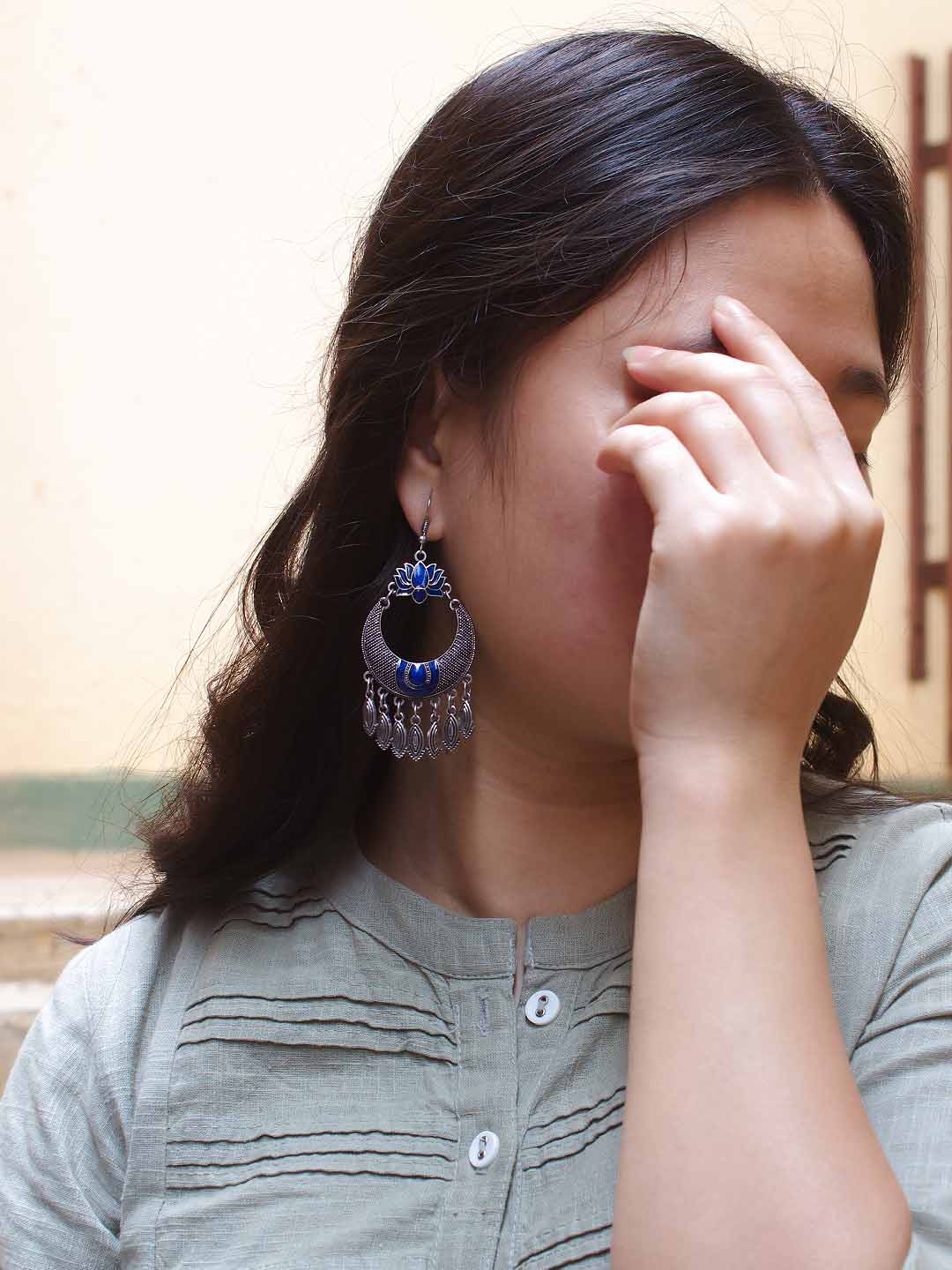 Silver Plated Lotus Design Blue Color Hanging Dangle Earring