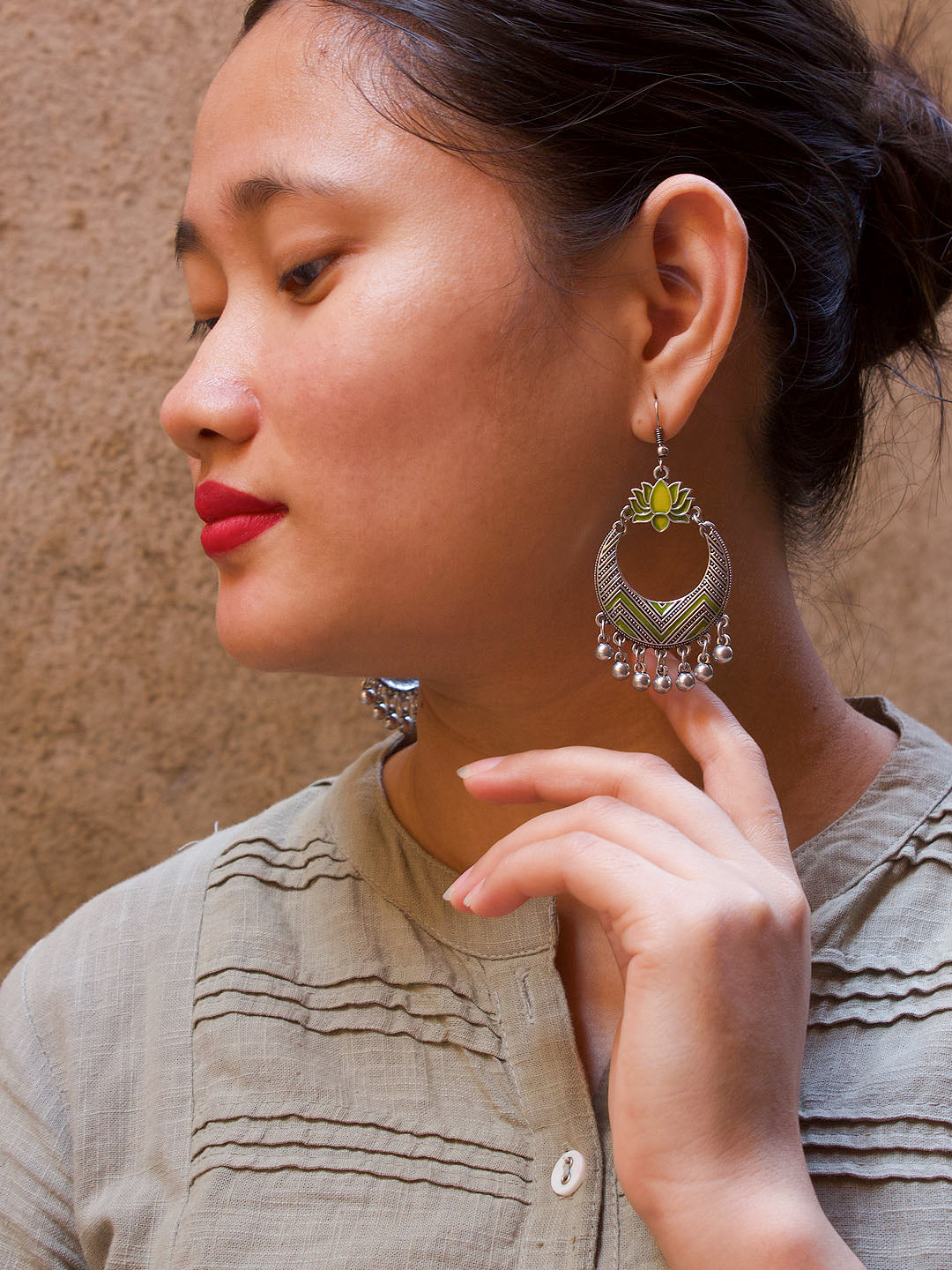 Silver Plated Lotus Design Green Enamel Paint Afghani Earring