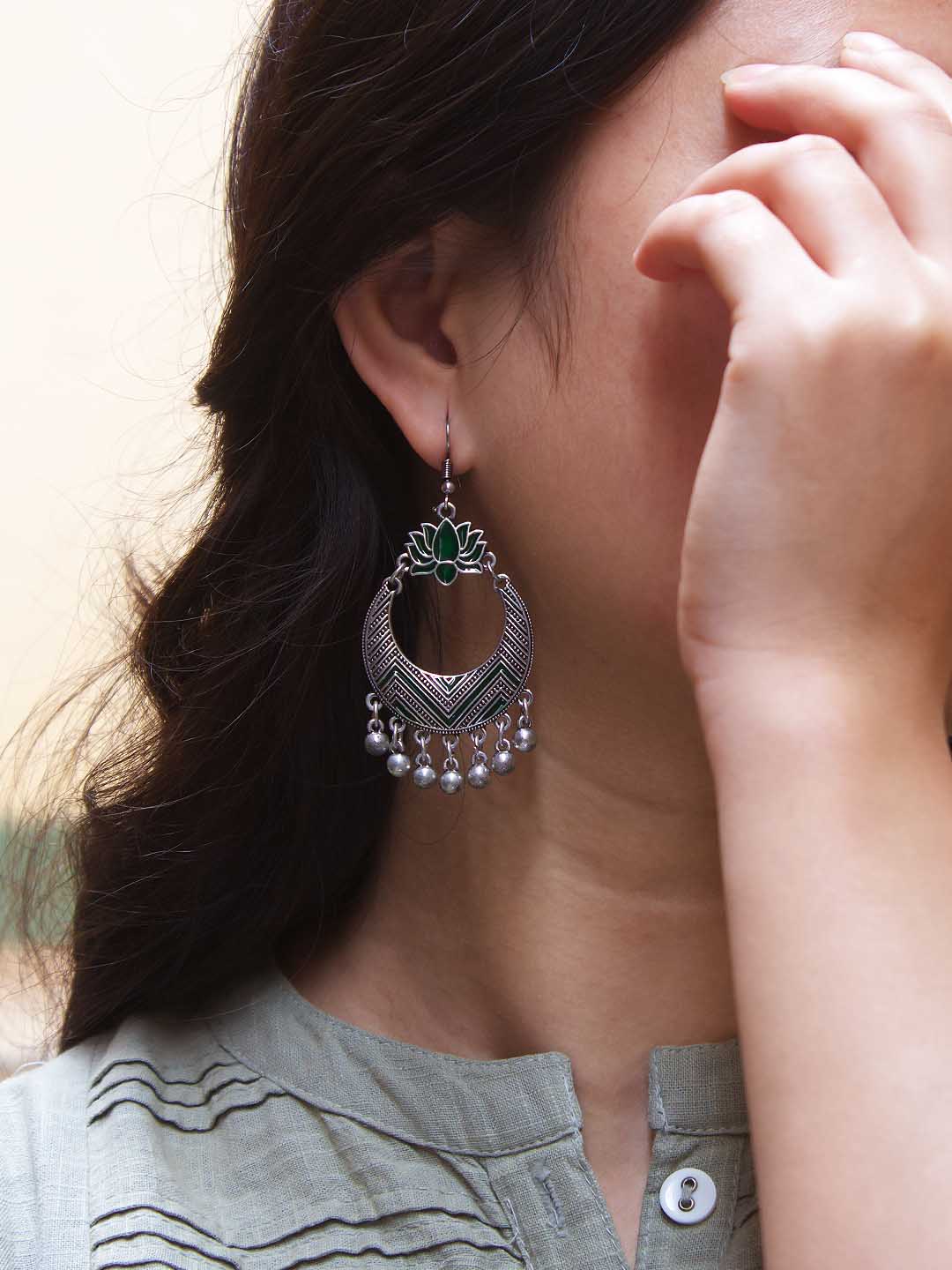 Silver Plated Lotus Design Green Enamel Paint Afghani Earring