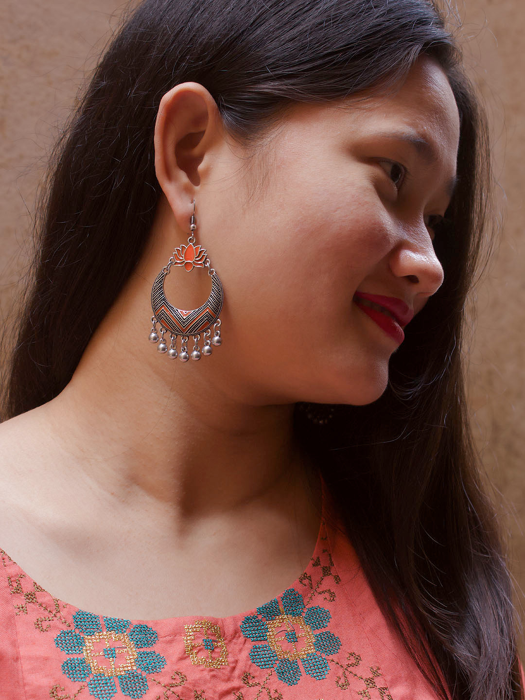 Silver Plated Lotus Design Orange Enamel Paint Afghani Earring