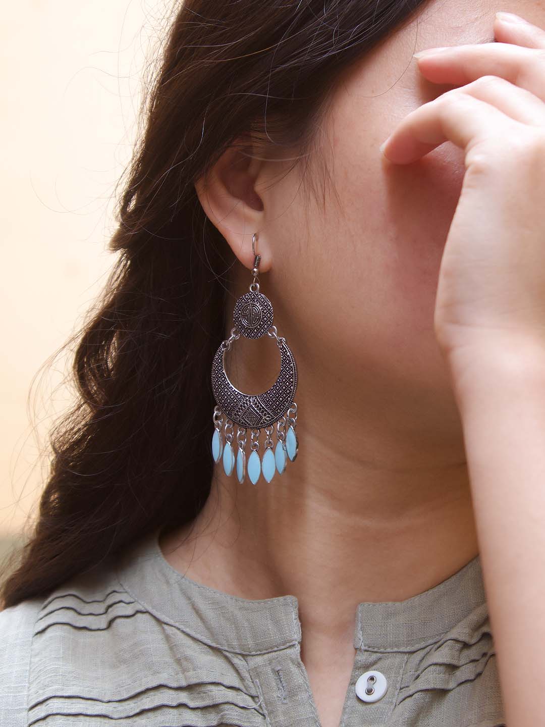 Silver Plated Geometric Design Sky Blue Enamel Paint Afghani Earring