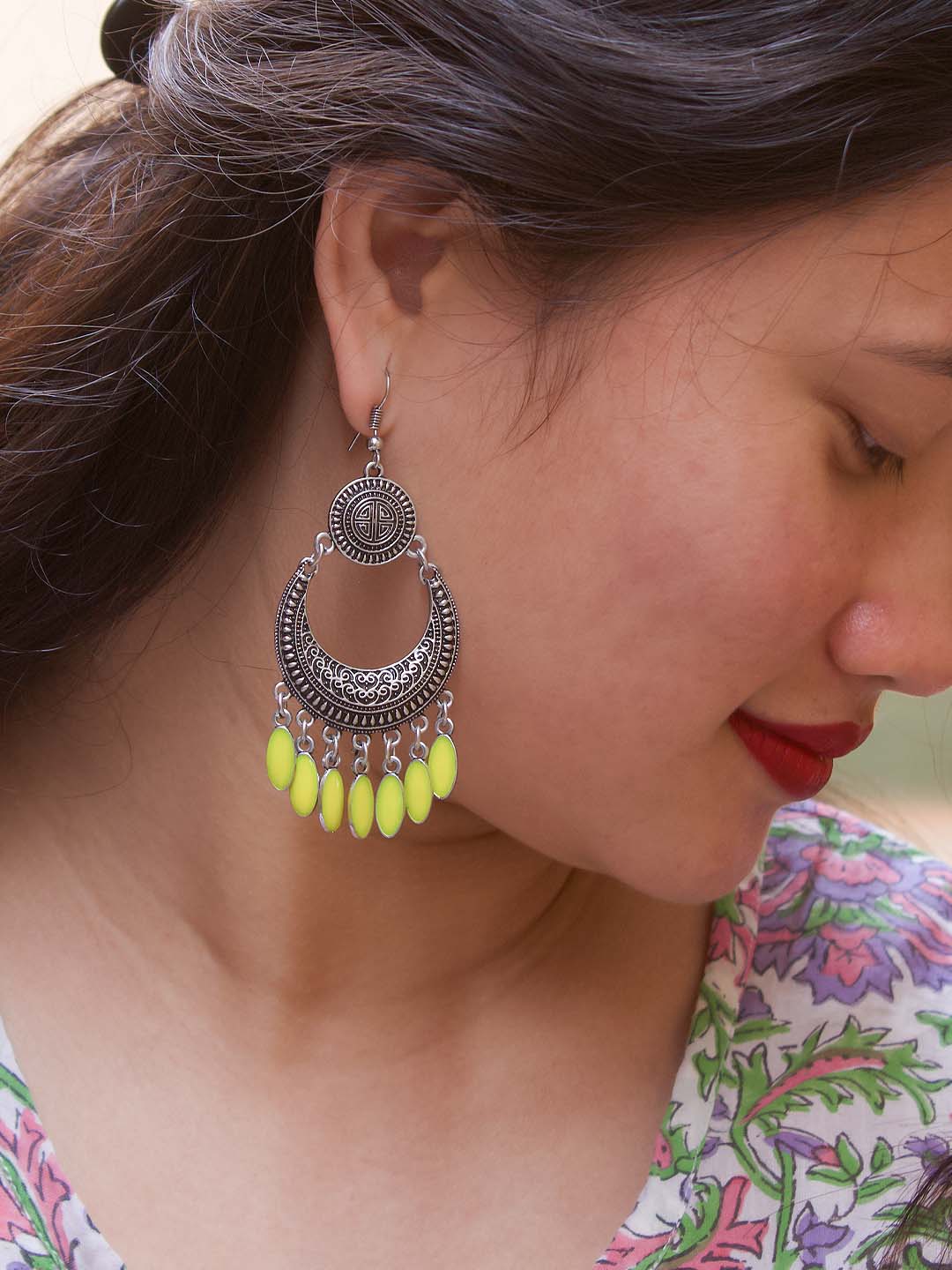 Silver Plated Floral Design Hanging Yellow Color Enamel Painted Silver Beads Dangler Earring