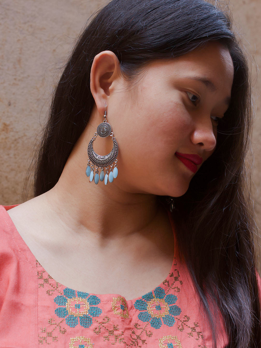 Silver Plated Geometric Design Sky Blue Enamel Paint Afghani Earring