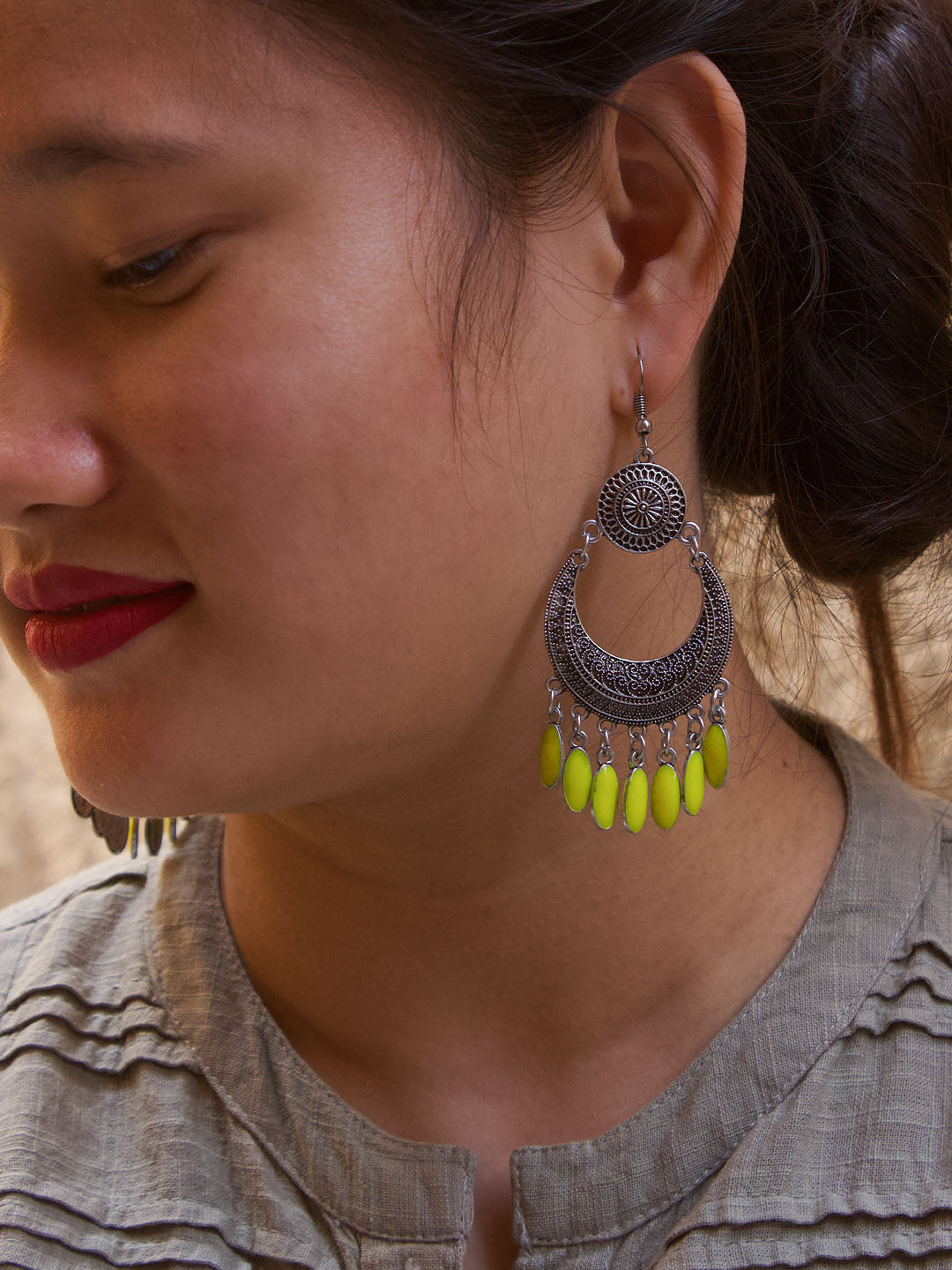 Silver Plated Floral Design Hanging Yellow Color Enamel Painted Silver Beads Dangler Earring