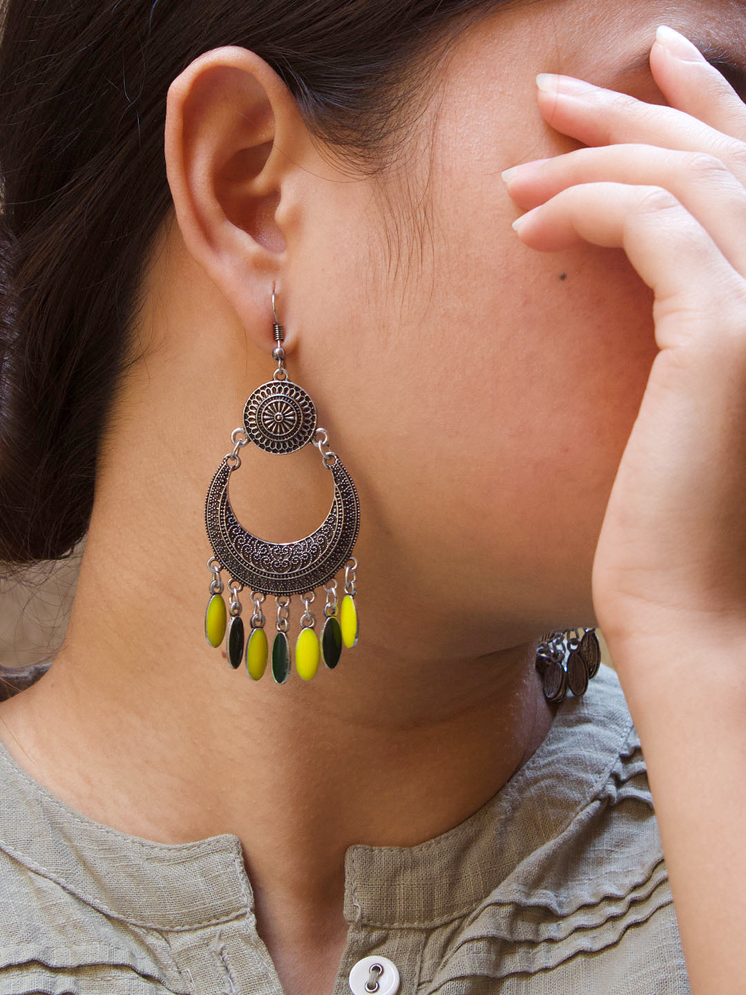 Silver Plated Floral Design Hanging Yellow And Green Color Enamel Painted Silver Beads Dangler Earring