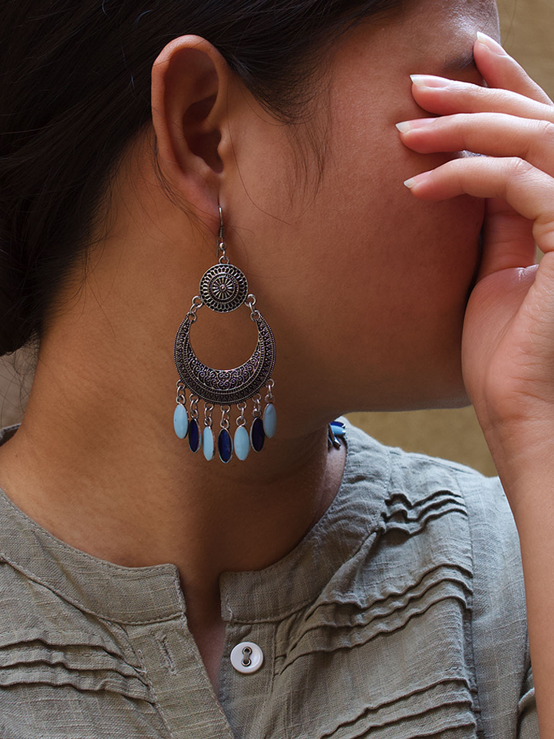 Silver Plated Floral Design Hanging Blue And Sky Blue Color Enamel Painted Silver Beads Dangler Earring
