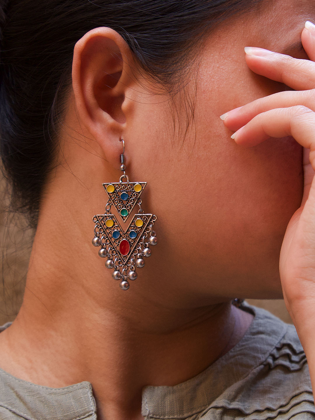 Multicolor Triangular Design Dangler Earring