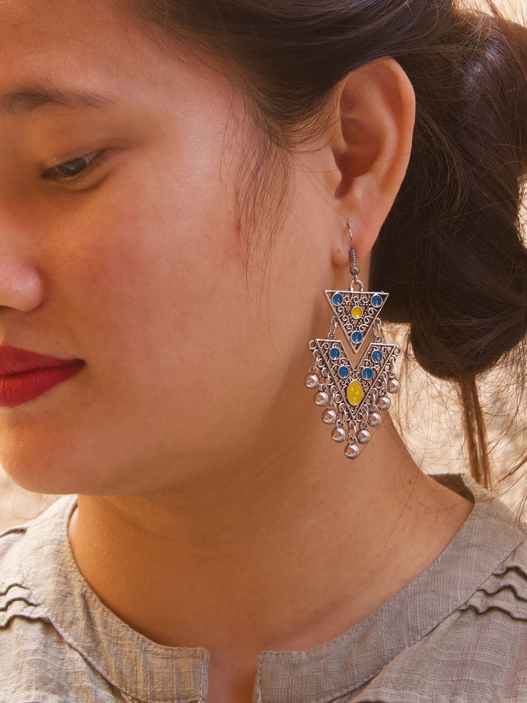 Floral Design Blue and Yellow Dangler Afghani Earring