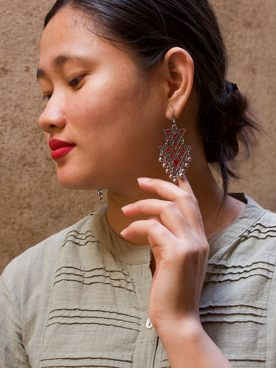 Floral Design Red Dangler Afghani Earring