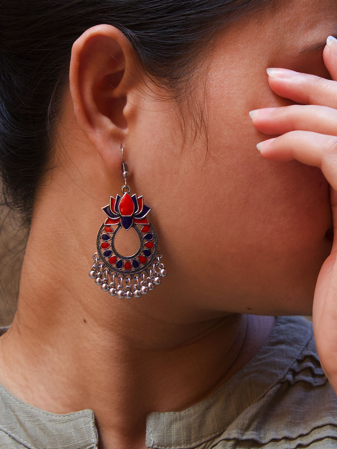 Floral Design Red and Blue Dangler Afghani Earring
