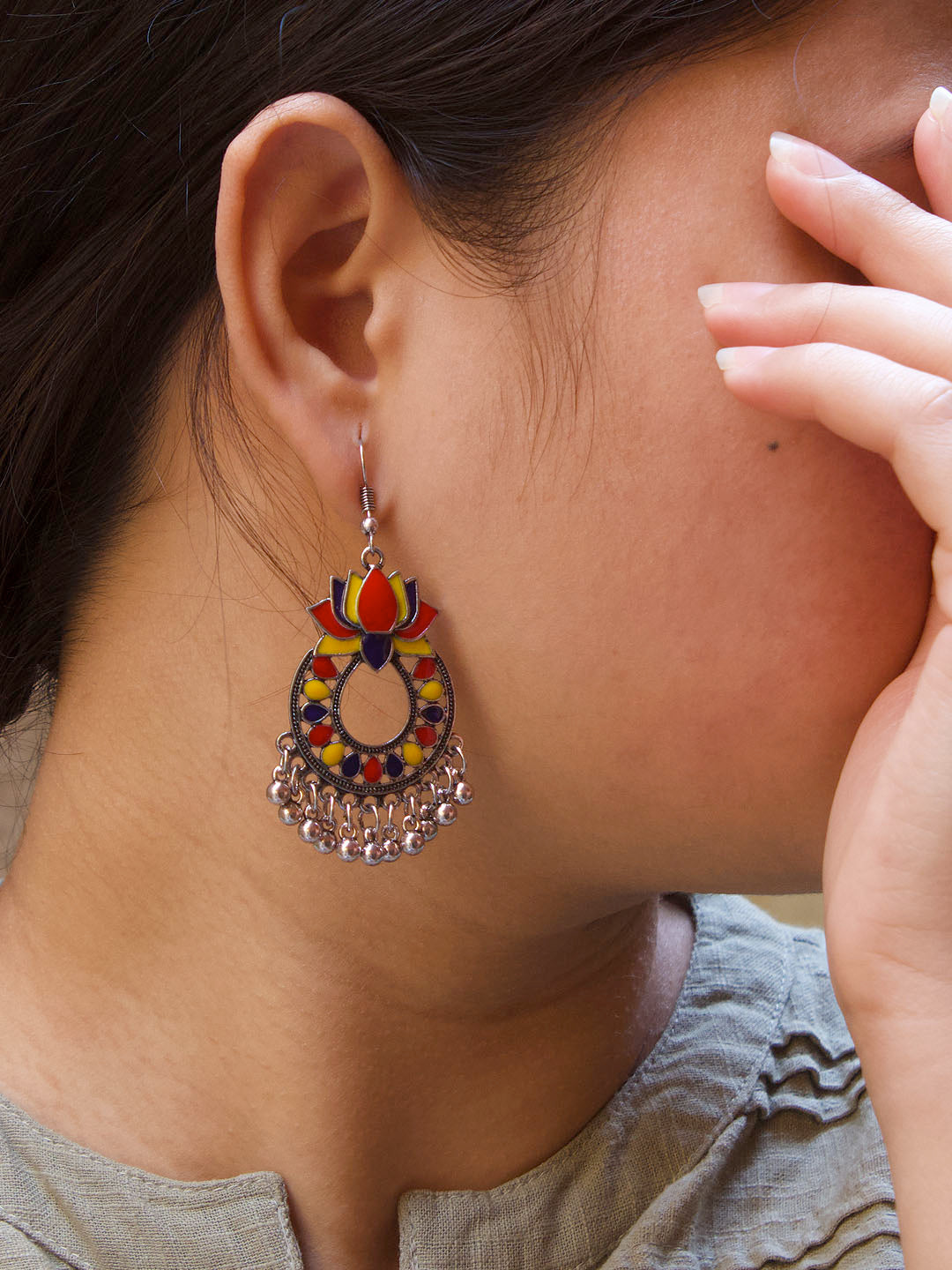 Floral Design Red and Yellow and Blue Dangler Afghani Earring