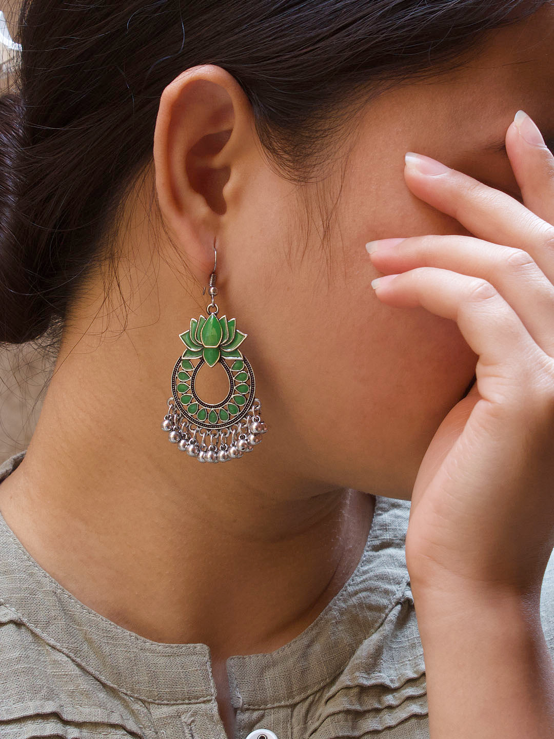 Floral Design Green Dangler Afghani Earring