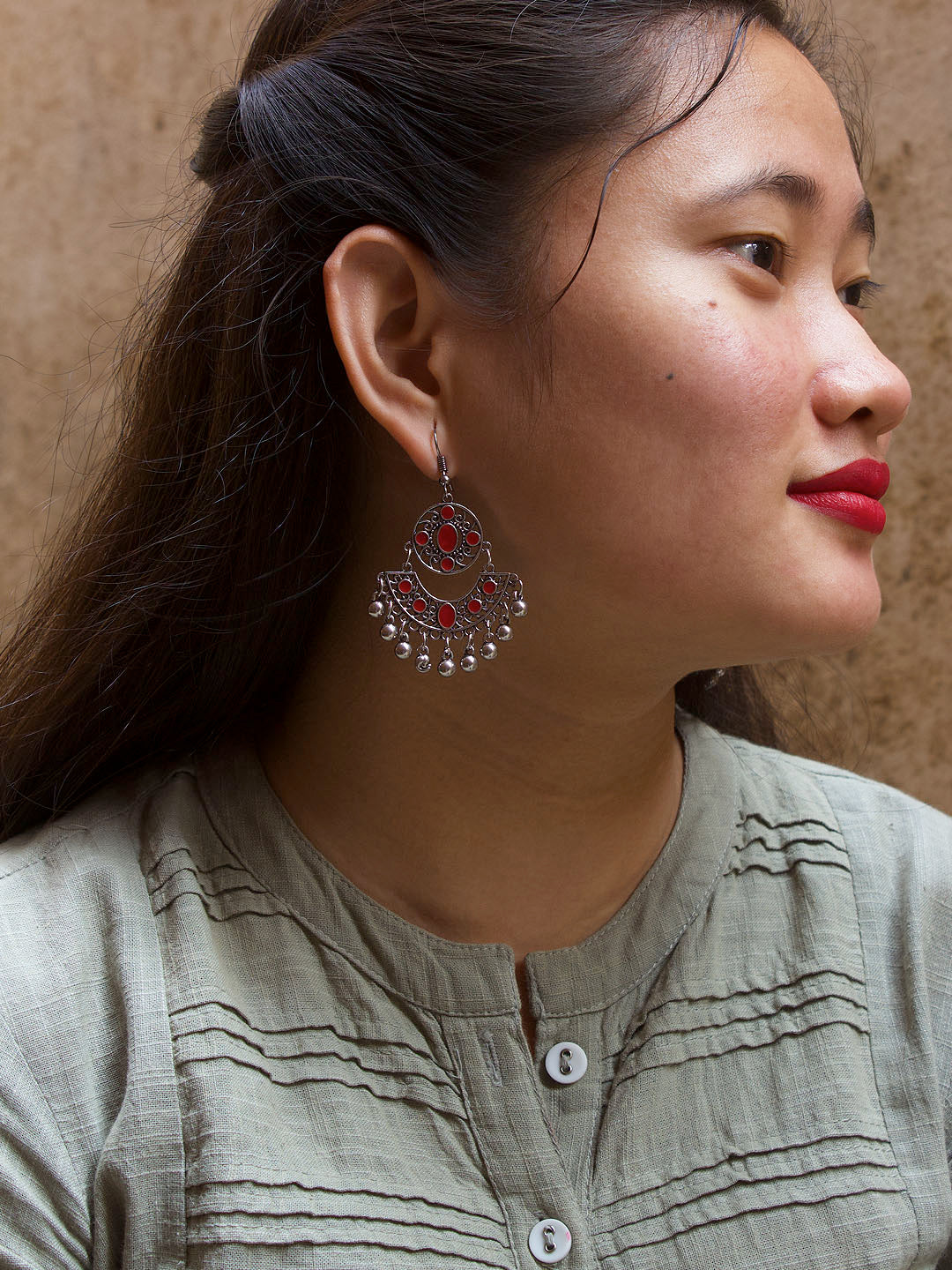 Floral Design Red Dangler Afghani Earring