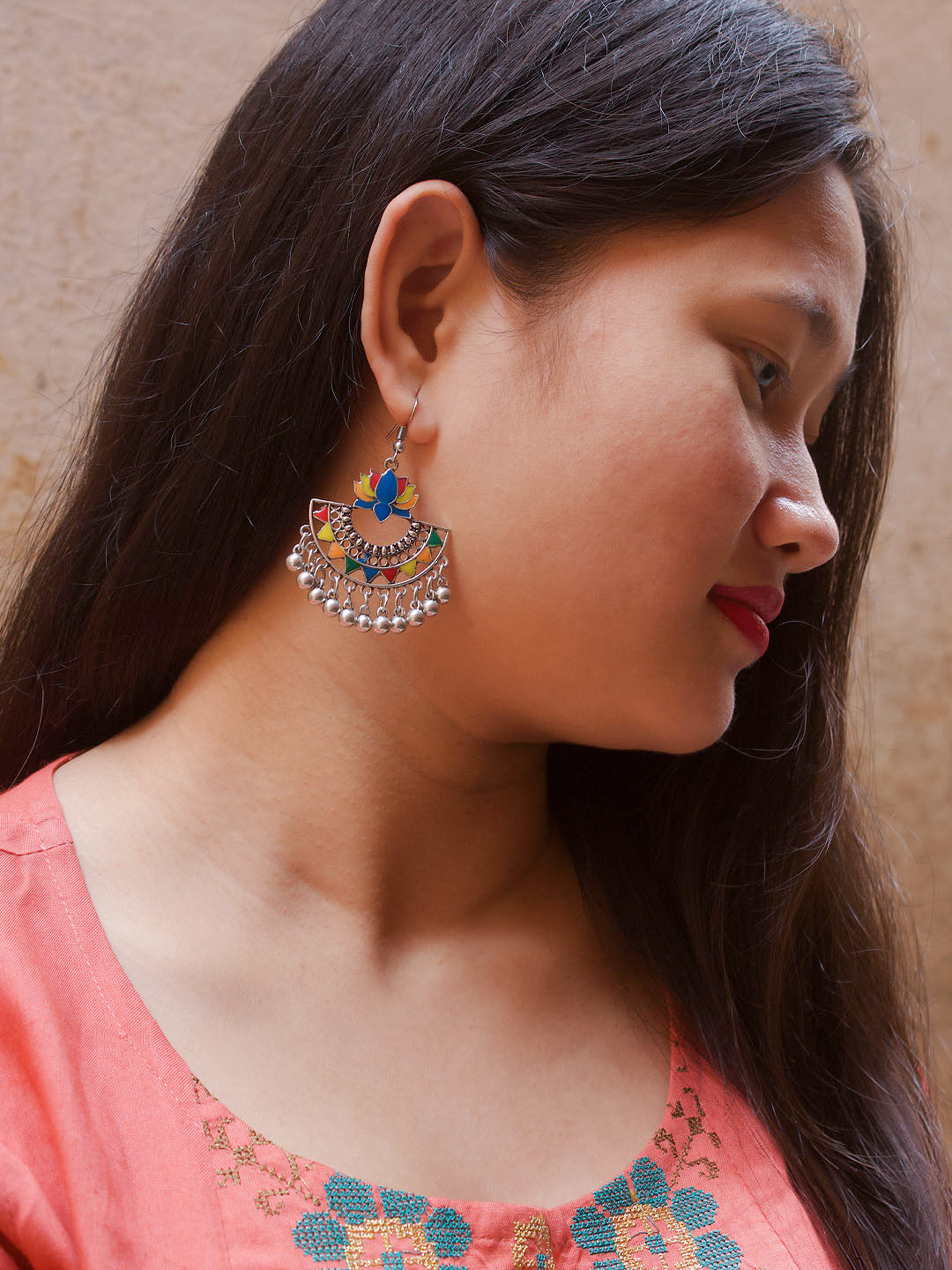 Silver Plating Multicolor Lotus Design Afghani Earring