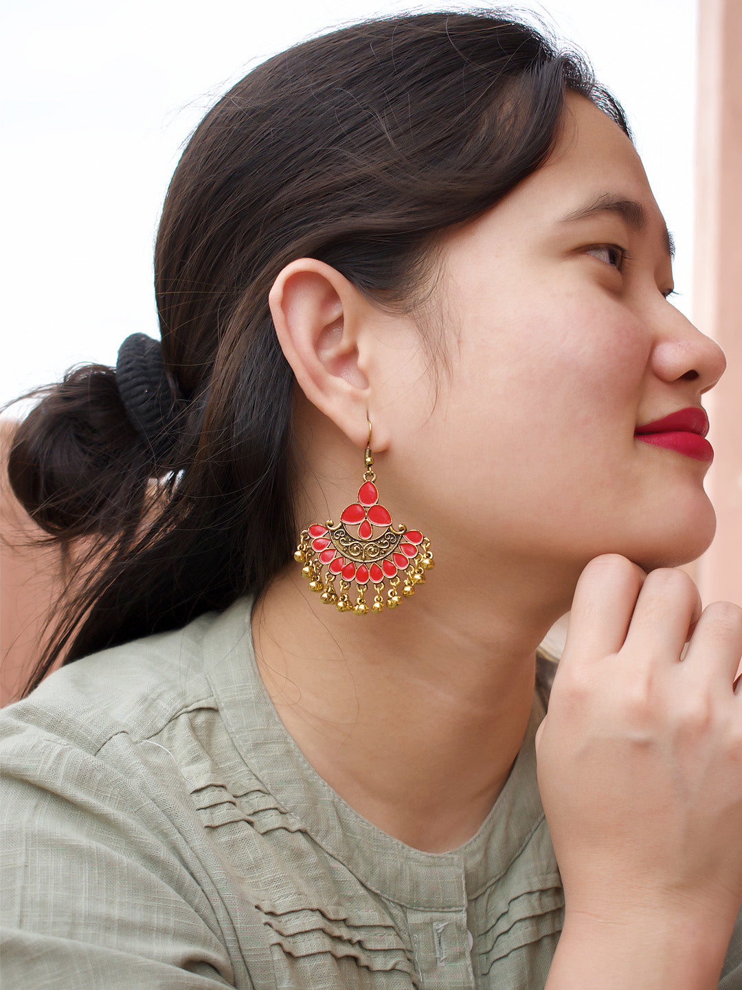 Gold Plating Red And Gold Color Floral Design Afghani Earring
