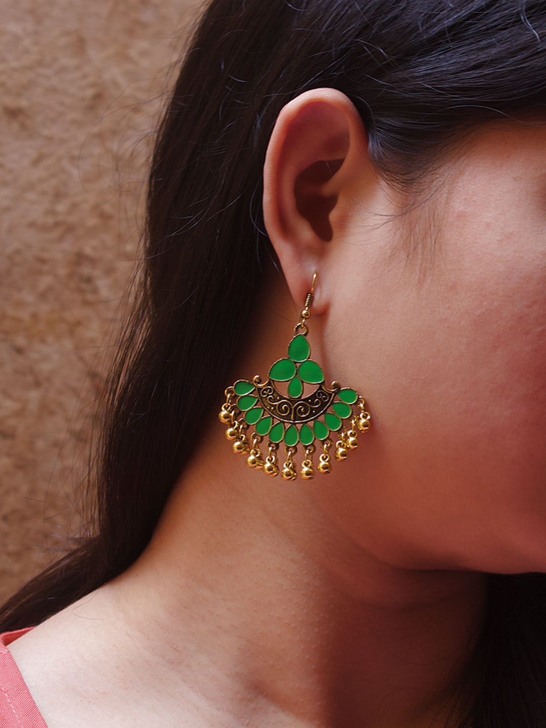 Gold Plating Green And Gold Color Floral Design Afghani Earring