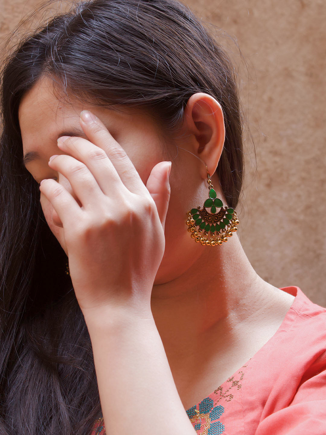 Gold Plating Green And Gold Color Floral Design Afghani Earring