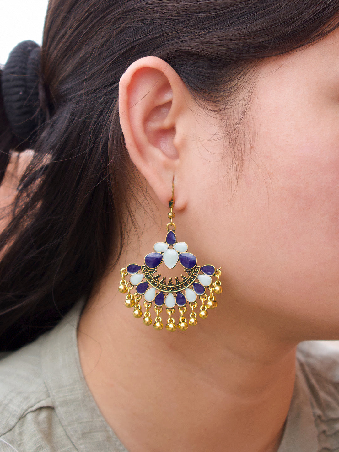 Gold Plating Blue And Gold Color Floral Design Afghani Earring
