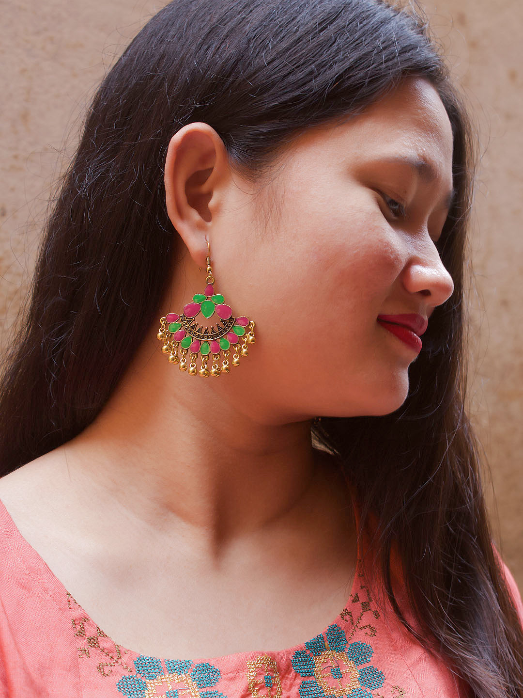 Gold Plating Pink And Green Color Floral Design Afghani Earring