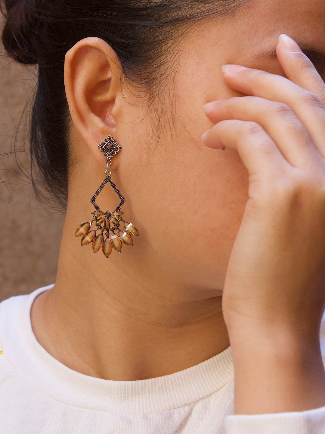 Floral Design Beige Dangler Earring