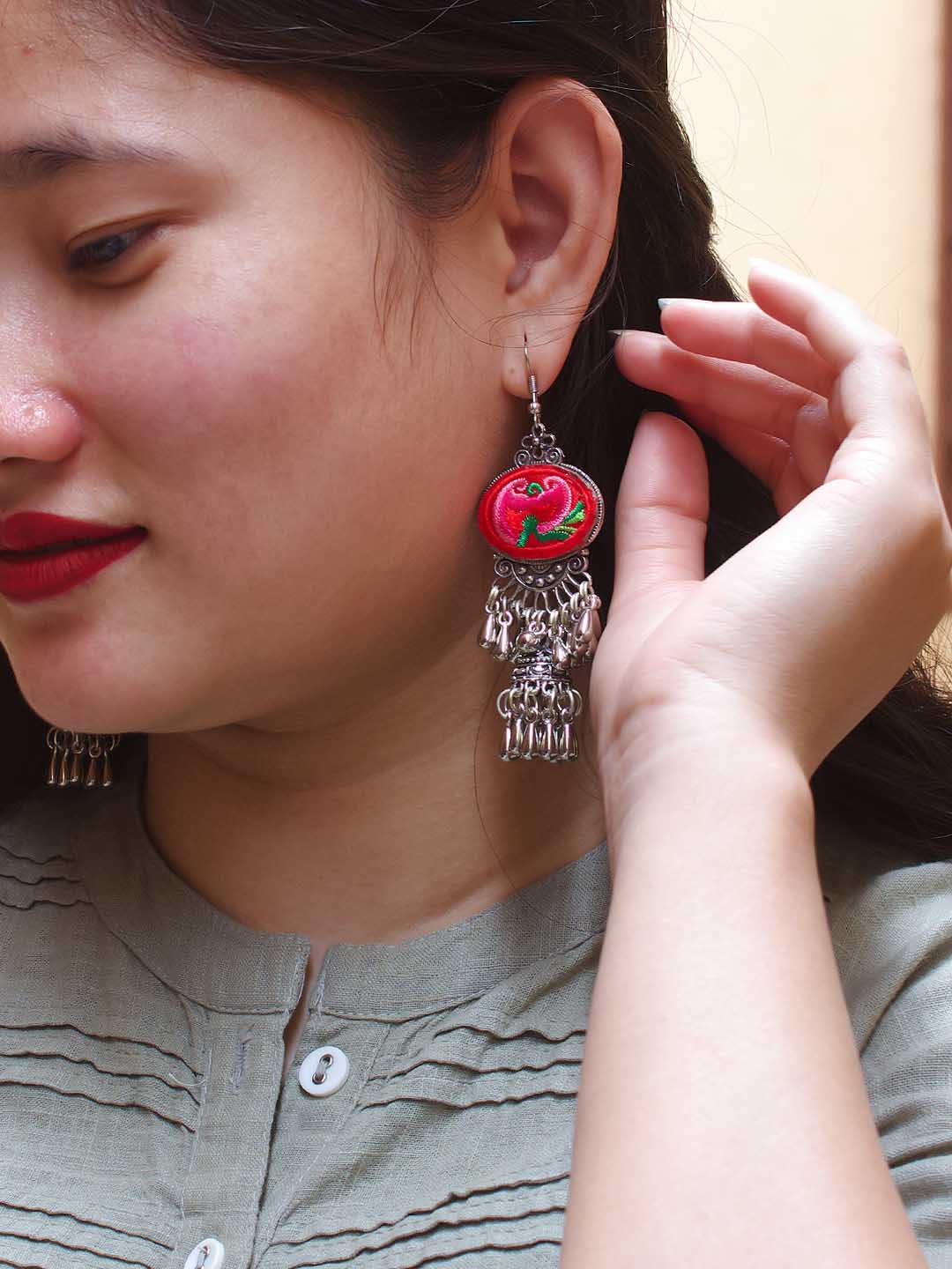 Geometric Design Pink and Green Dangler and Jhumka Afghani Earring