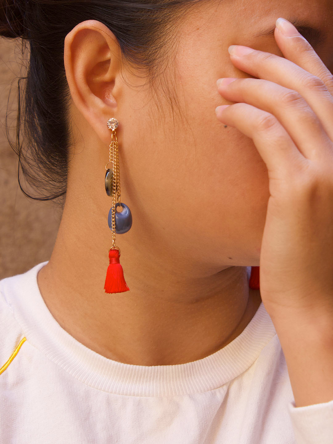 Gold Plated White Stud Tassel Design With Hanging Brown And Blue Color Beads Drop Earring