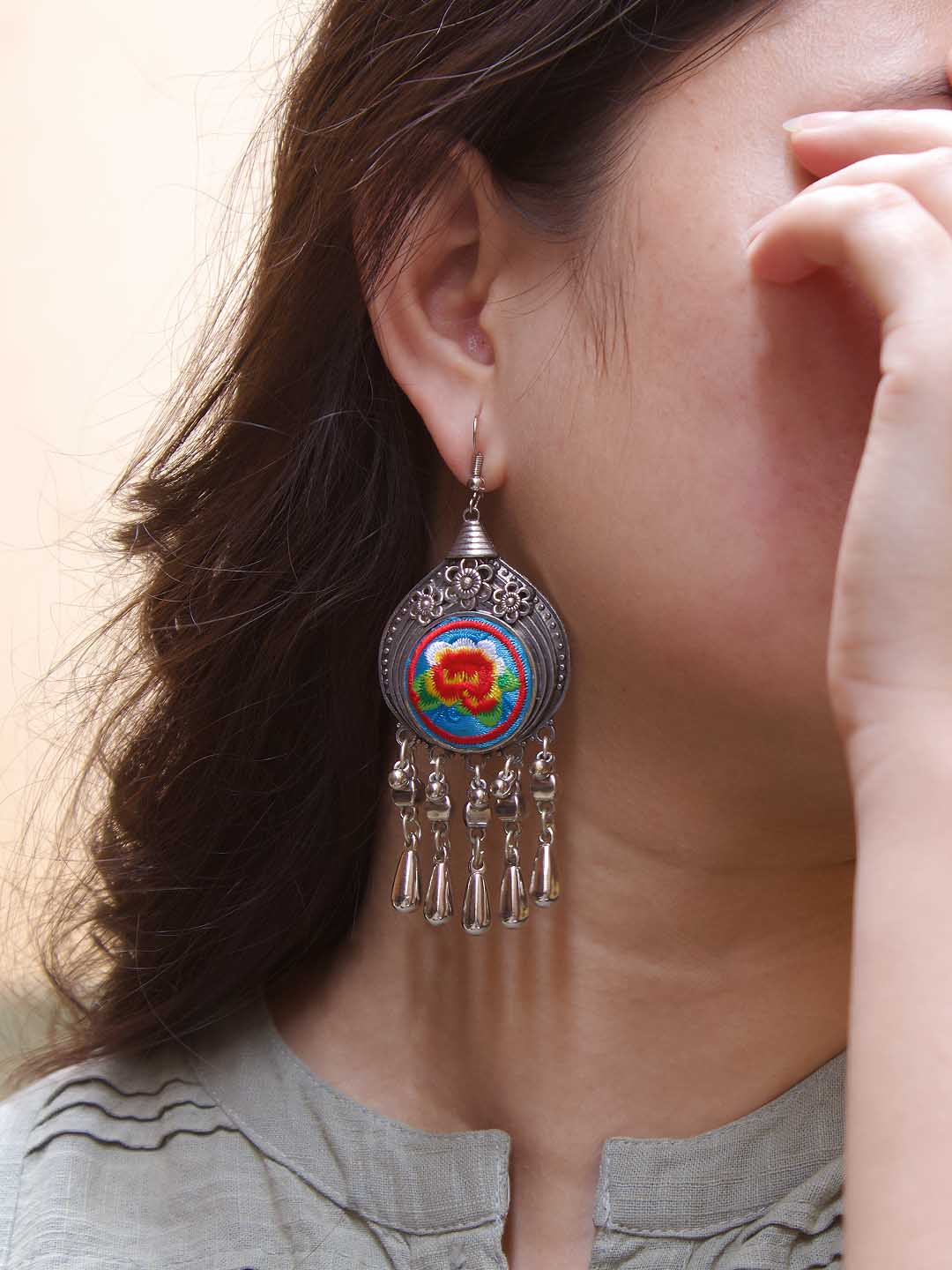 Geometric Design Pink and Green and Blue and White and Orange Drop Crochet Fabric Earring