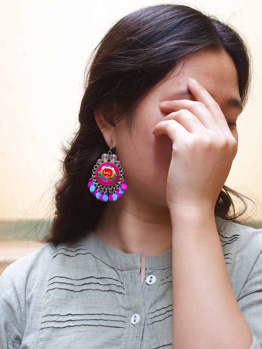 Geometric Design Pink and Green and Blue and White Drop Crochet Fabric Earring