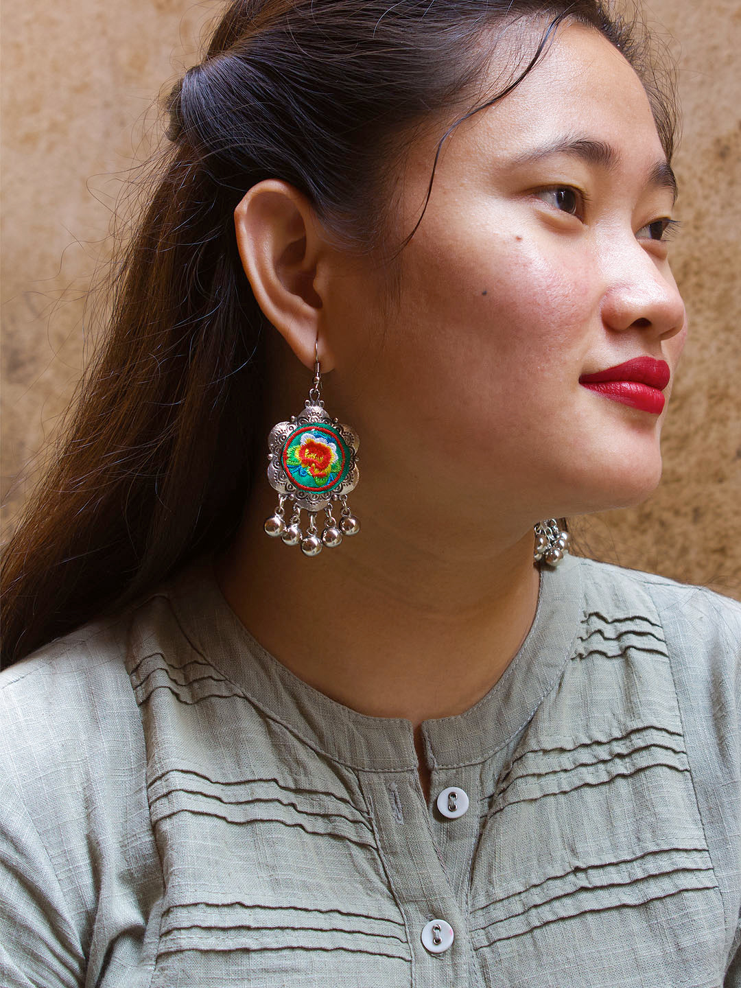 Geometric Design Pink and Green and Blue and White and Orange Drop Crochet Fabric Earring