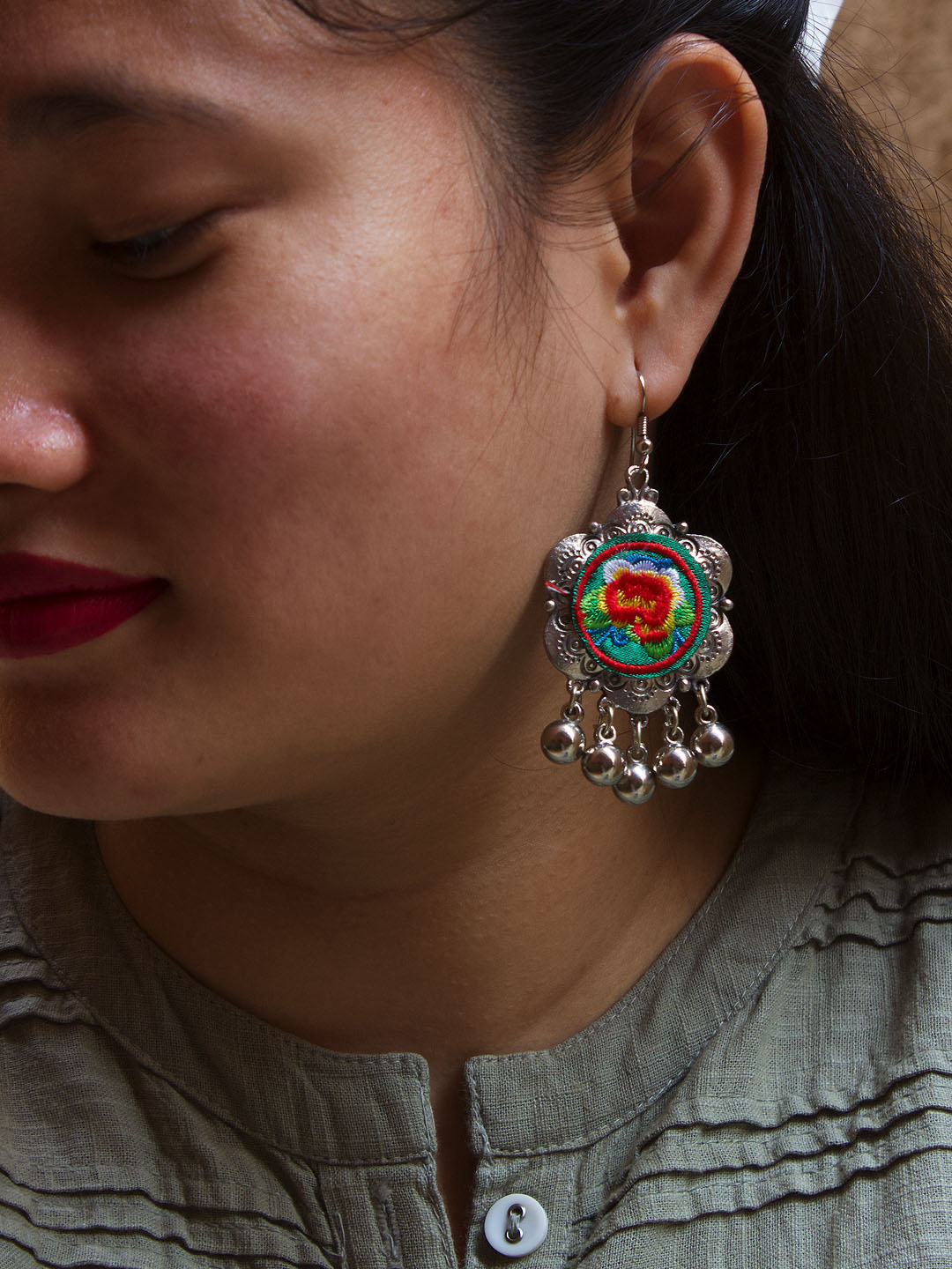 Geometric Design Pink and Green and Blue and White and Orange Drop Crochet Fabric Earring