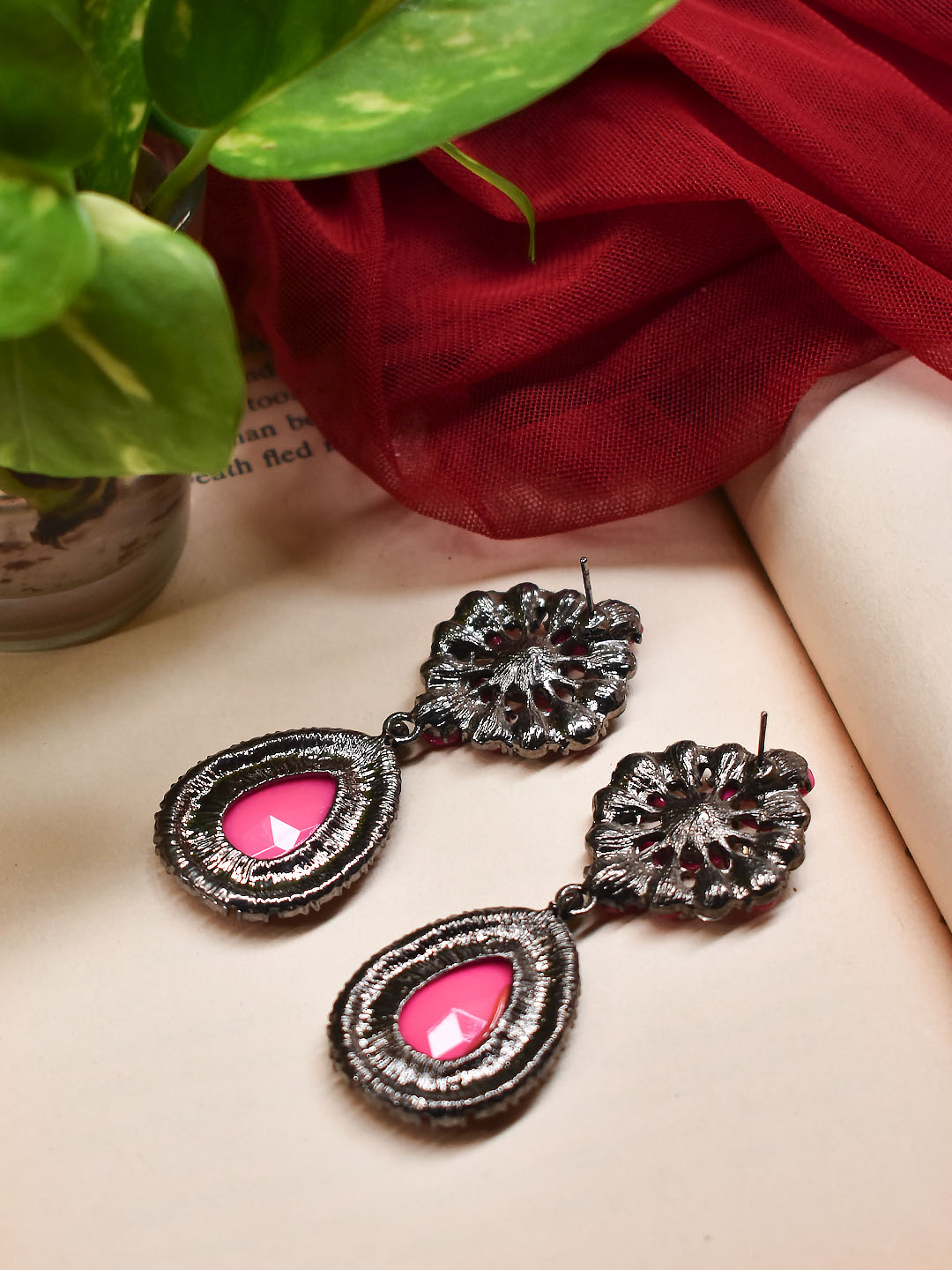 Silver Plated Tear Drop Design Pink Color Stone Drop Earring