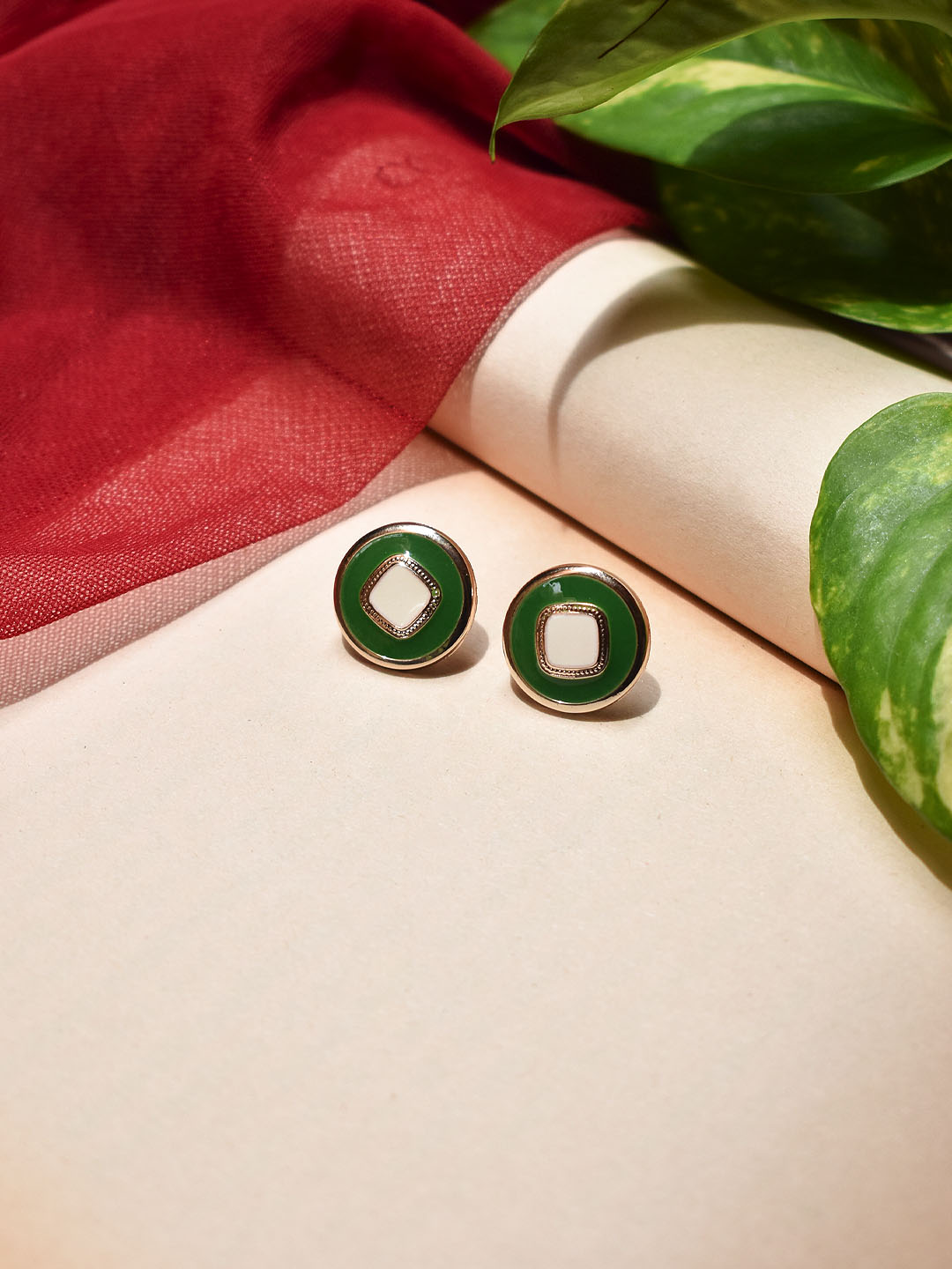 Gold Plated Circular Shape Green Color Enamel Painted Stud Earring