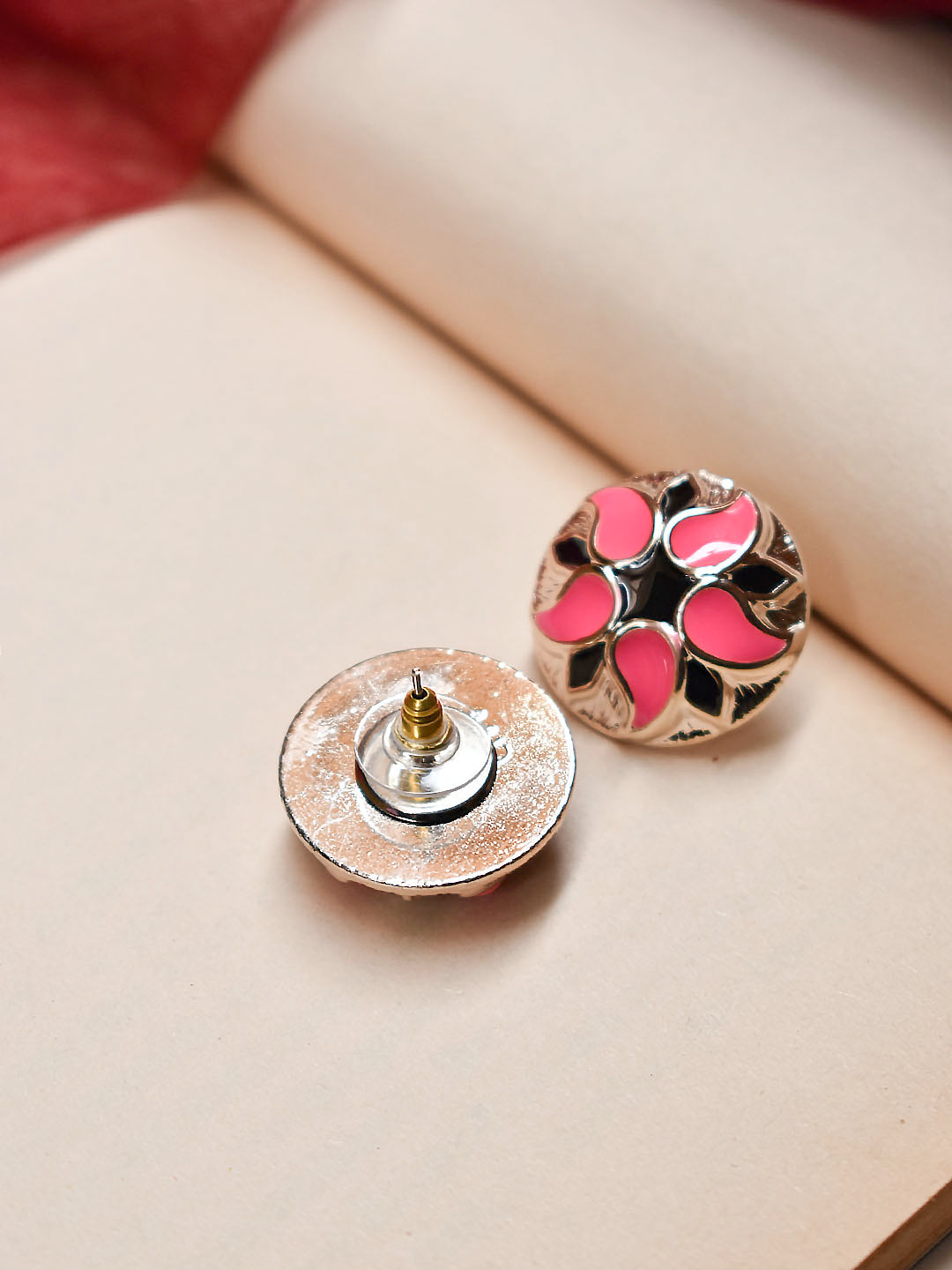 Gold Plated Circular Shape Mango Design Pink And Black Color Enamel Painted Stud Earring