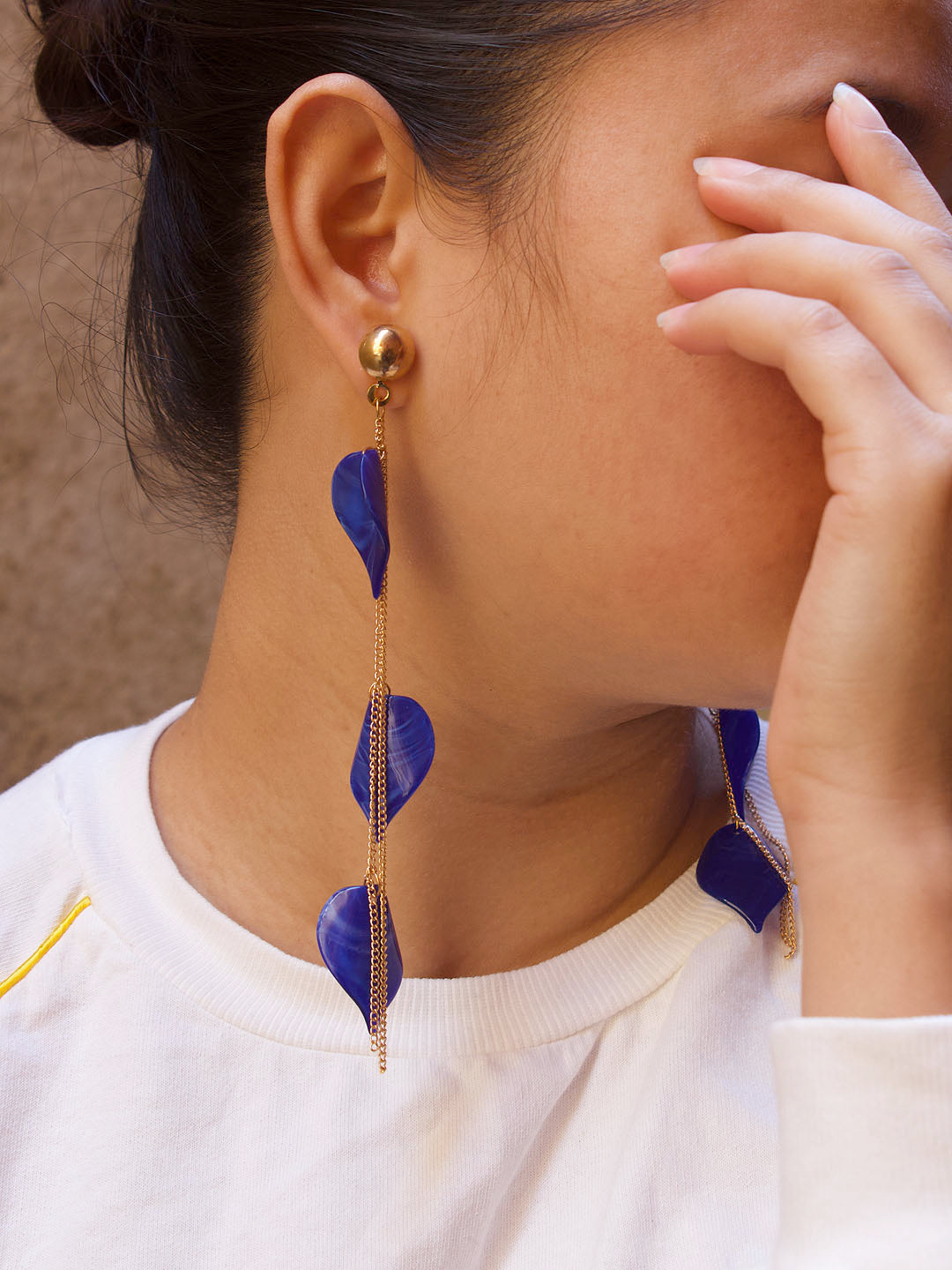 Gold Plated Blue Color Plastic Leaf Design 3 Layered Drop Earring