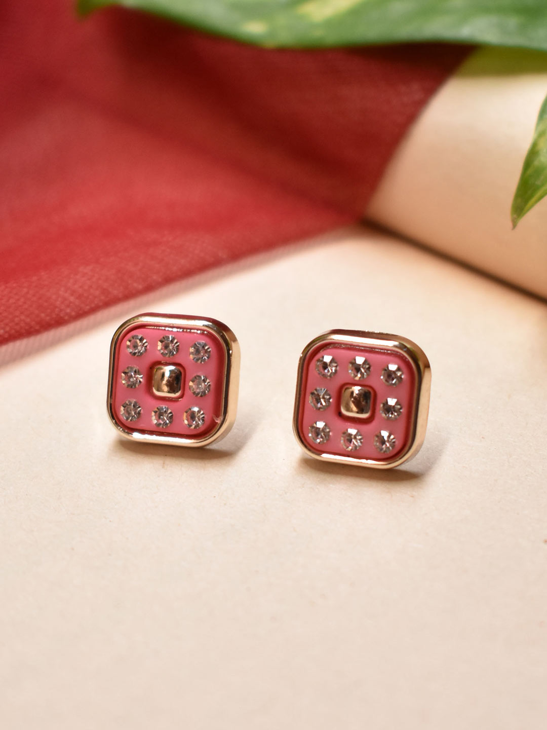 Silver Plated Square Shape Pink Color Enamel Painted Stud Earrings