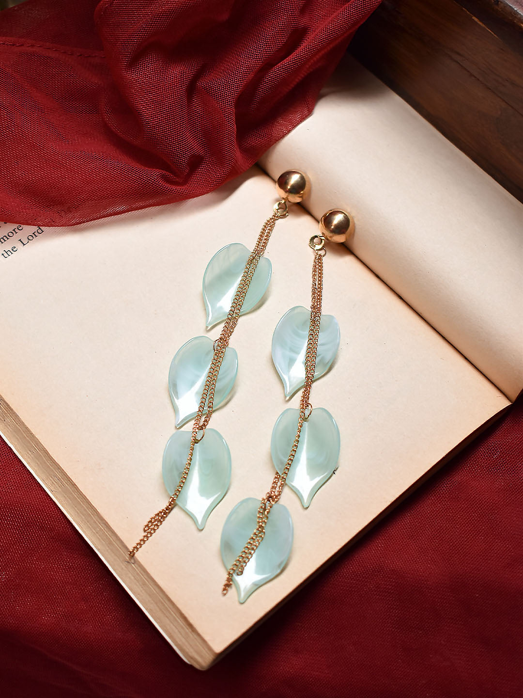 Gold Plated Blue Color Plastic Leaf Design Three Layered Dangler Earring