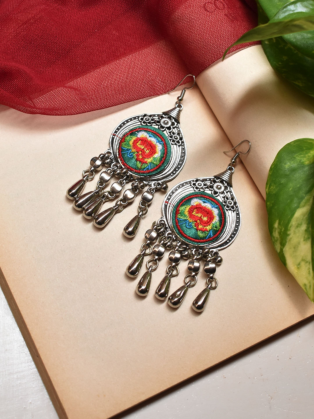 Silver Plated Circular Shape Floral Design Multicolor Fabric With Hanging Spikes Dangler Earring