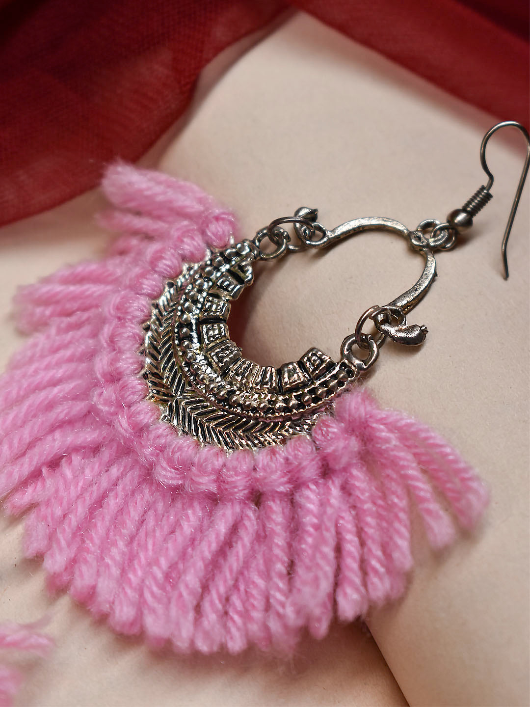 Silver Plated Halfmoon Design With Hanging Pink Color Threads Dangler Earring
