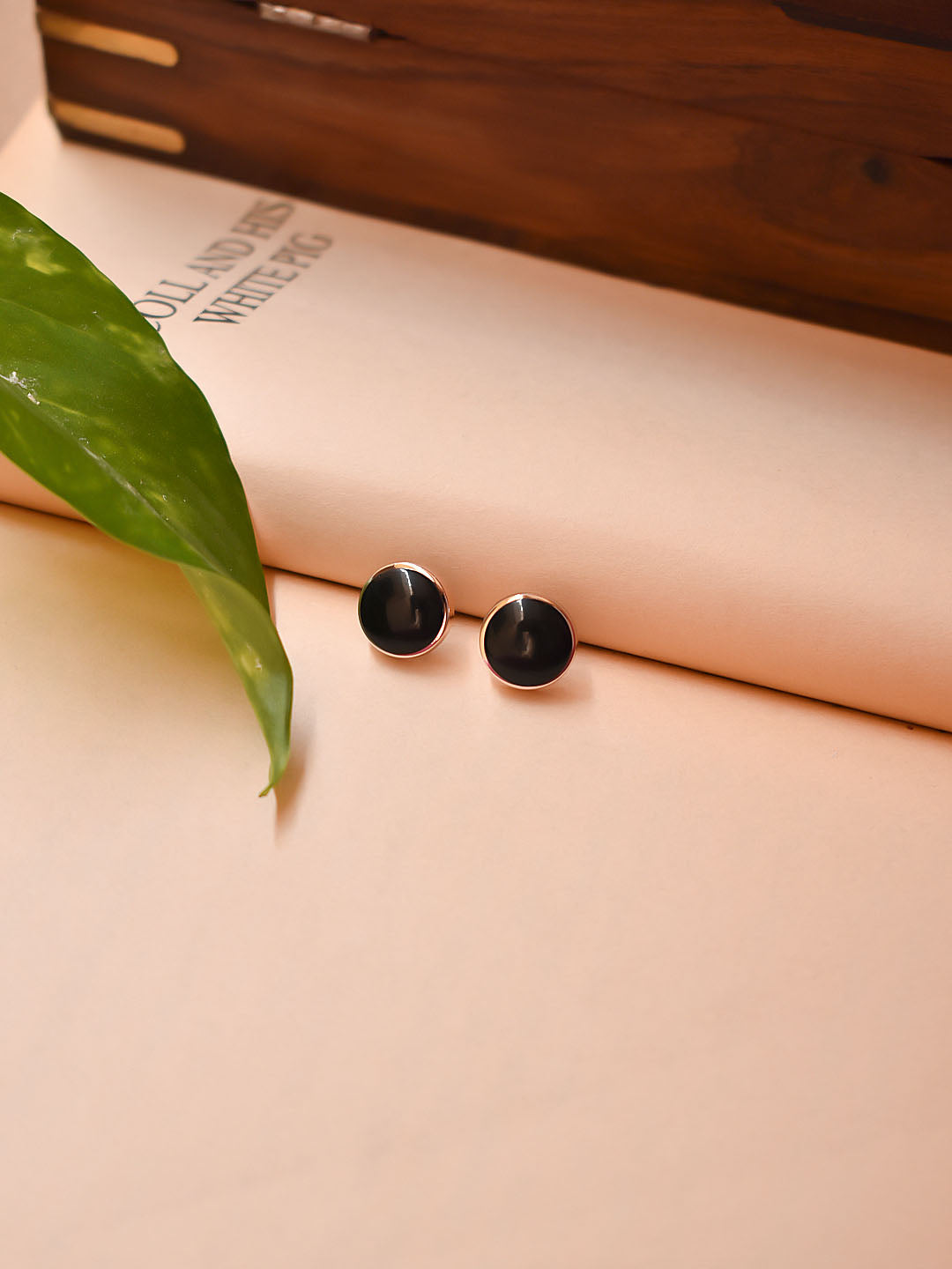 Gold Plated Circular Shape Black Color Stud Earrings