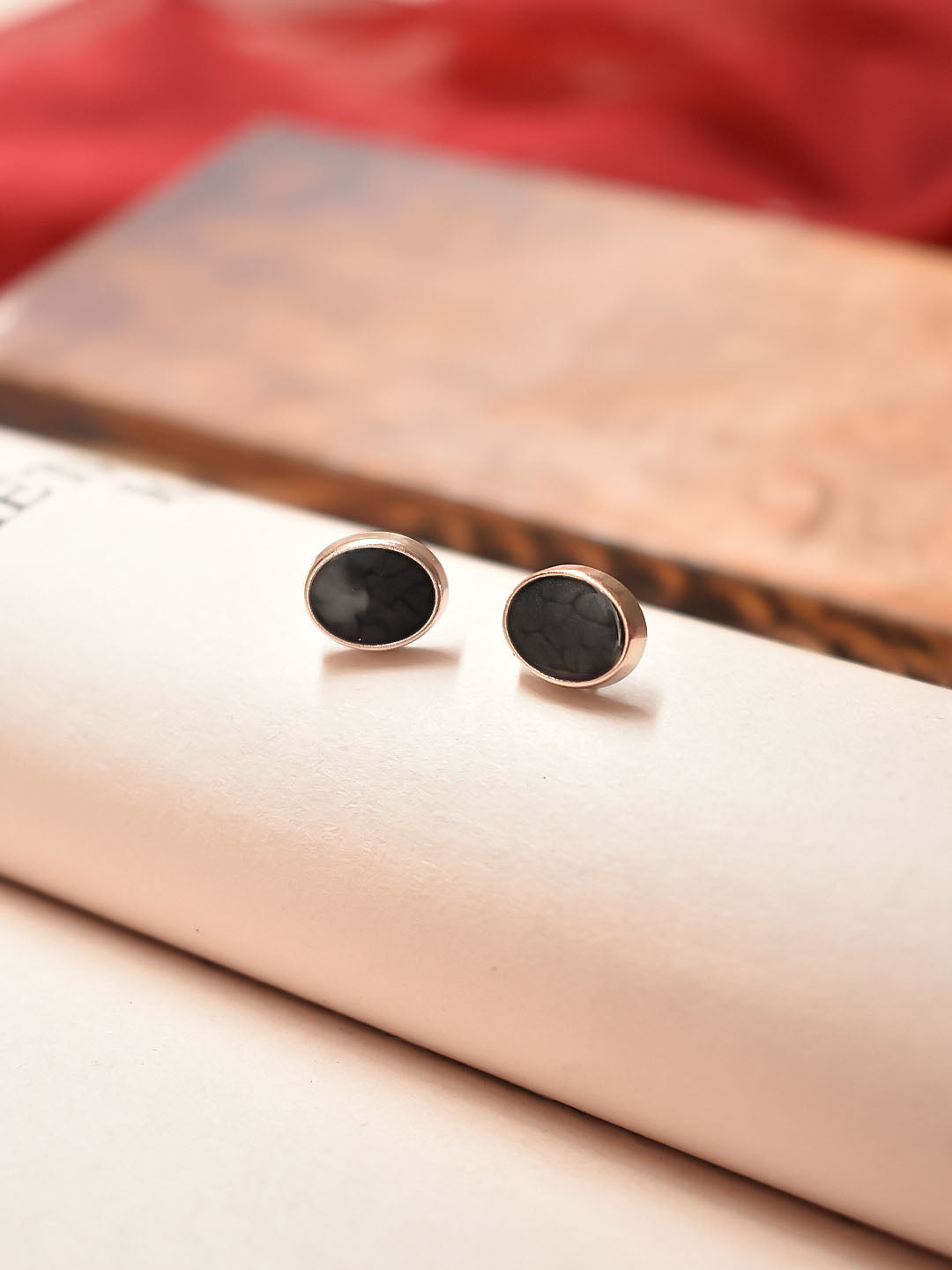 Gold Plated Oval Design Black Color Stud Earrings